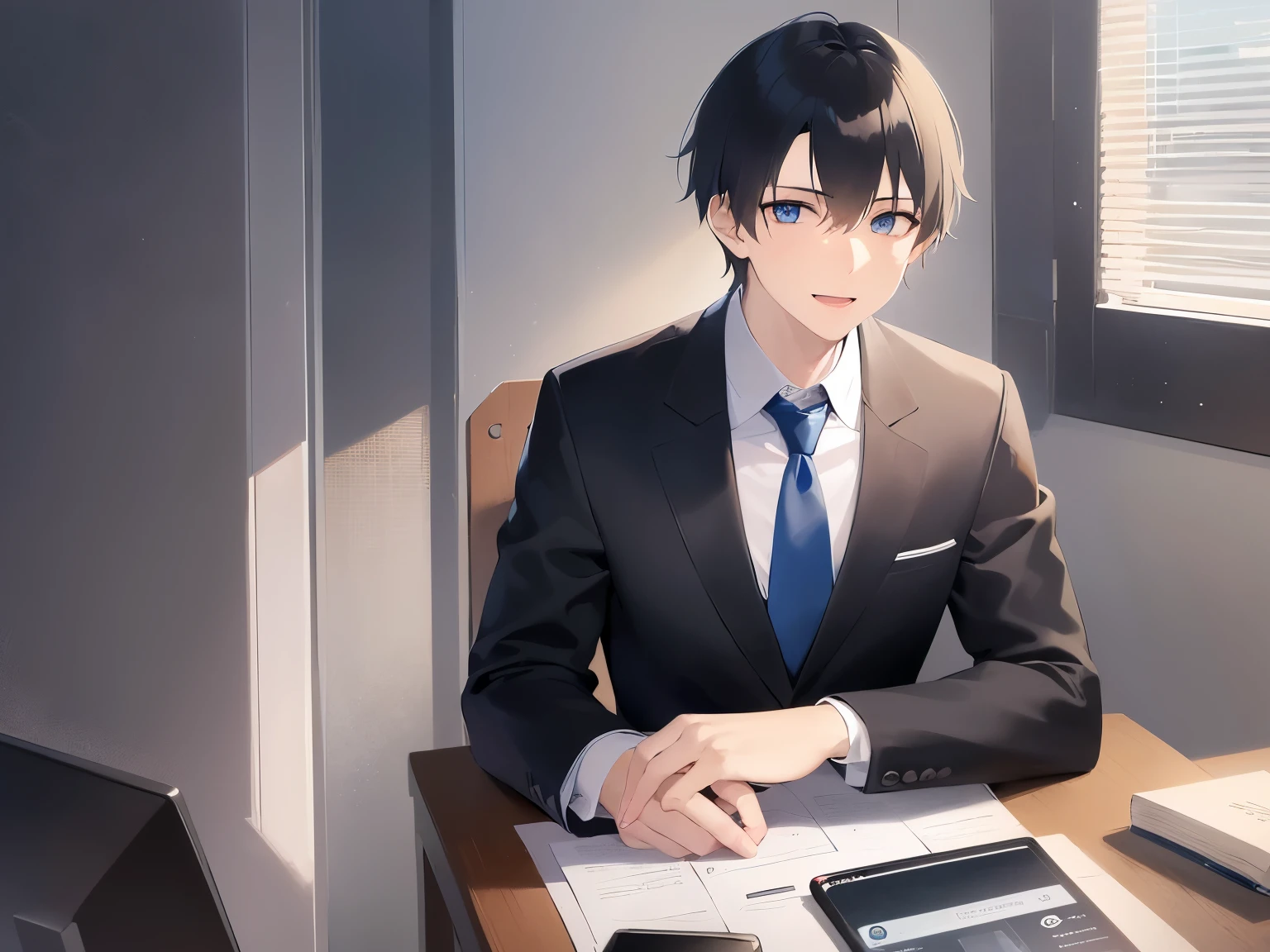 side angle, Upper body, masterpiece、highest quality、Alone、(25-year-old male:1.5) and (Black short hair) and (blue eyes), (business suit:1.5) and (Blue tie)、Sitting、smile、open mouth, The background is the office、computer