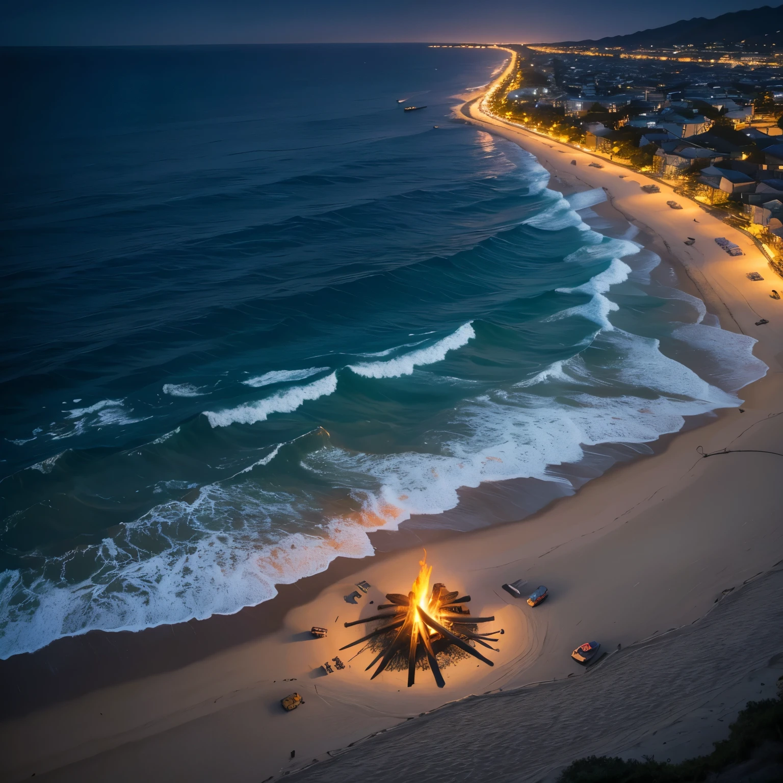 (best quality,8k,highres, masterpiece:1.2), ultra-detailed, HDR, UHD, studio lighting, ultra-fine painting, sharp focus, physically-based rendering, extreme detail description, professional, vivid colors,concept artists, warm color palette, dramatic lighting,japanese Campfires are evenly spaced on the beach, beautiful flames, silence, fantastic flames, the beach at night is covered with silence and darkness, fishing boats floats with lights on the dark night sea,