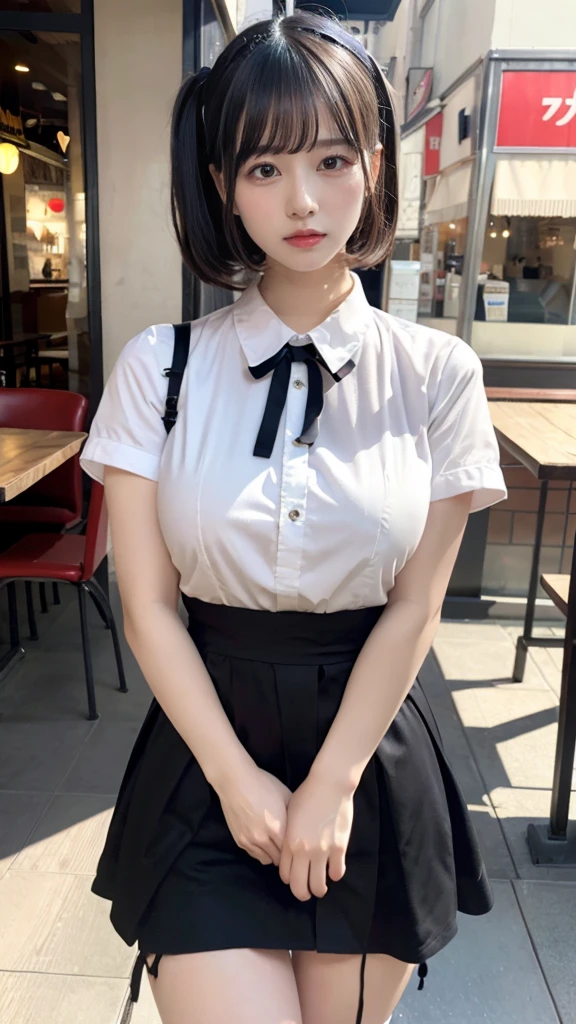 muste piece, best quality, illustration, Super detailed, fine details, High resolution, 8K,wall paper, perfect dynamic composition,(Details High quality, realistic depiction of eyes:1.3), waitress uniform, restaurant, large breasts, short bob hair、black hair color, Big Natural Color Lip, bold sexy pose, crying a little、cold gaze, Harajuku style、20 year old girl、cute type、lolita、beautiful legs, gravure idol, Voluptuous thighs