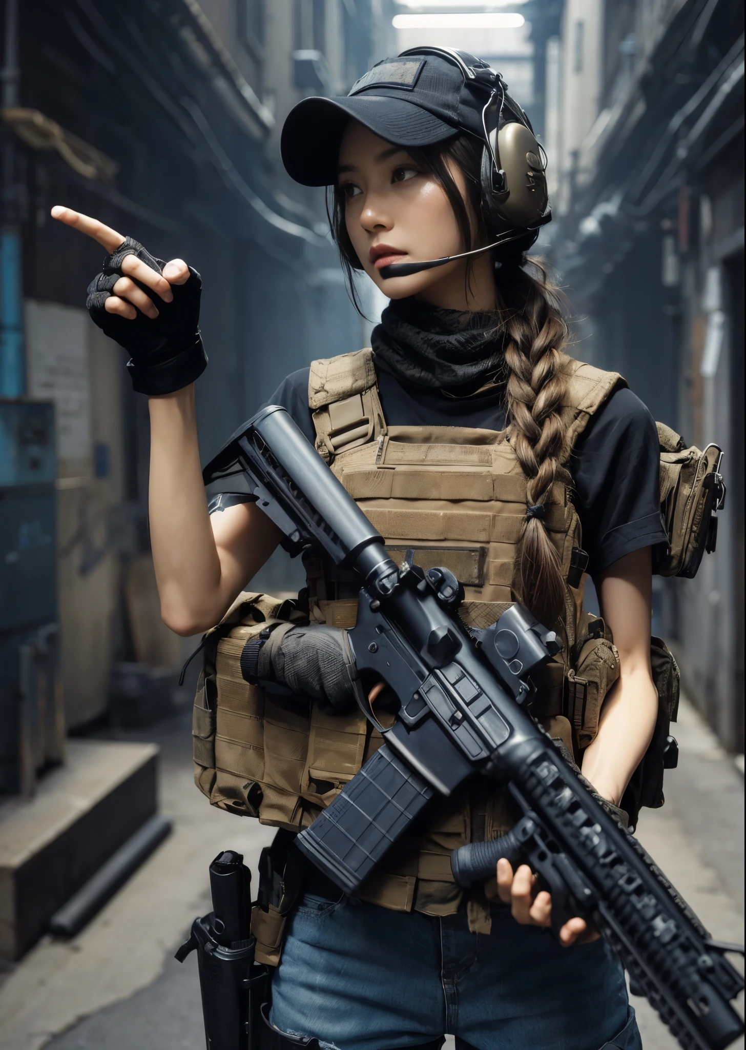 ８K,Realistic Photo、Realistic Skin Texture、Beautiful Japanese American Navy SEALs、Automatic rifle、Assault Team、Operation Begins、Be vigilant、Back alleys in the USA、In front of the door、Indicating、cap、Very Short Hair、Military Pants、boots、、Tattoo、Black T-shirt、Bulletproof vest、、Toned Body、An interesting composition、Dynamic pose、A personnel transport wagon is parked.