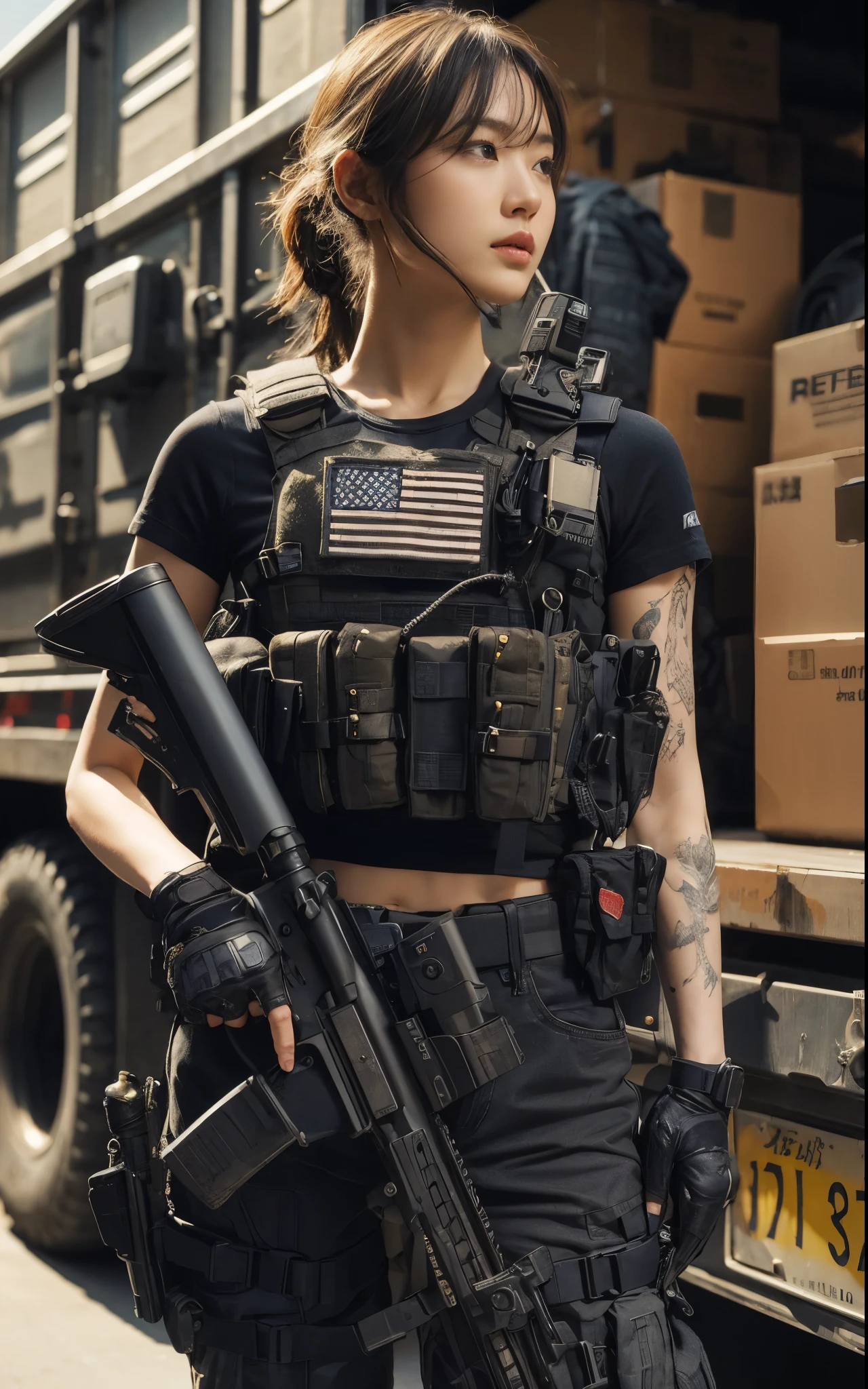 8K,Realistic Photo、Realistic Skin Texture、Beautiful Japanese American Navy SEALs、Automatic rifle、Assault Team、Operation Begins、Be vigilant、Back alleys in the USA、In front of the door、Indicating、cap、Very Short Hair、Military Pants、boots、、Tattoo、Black T-shirt、Bulletproof vest、、Toned Body、An interesting composition、Dynamic pose、A personnel transport wagon is parked.