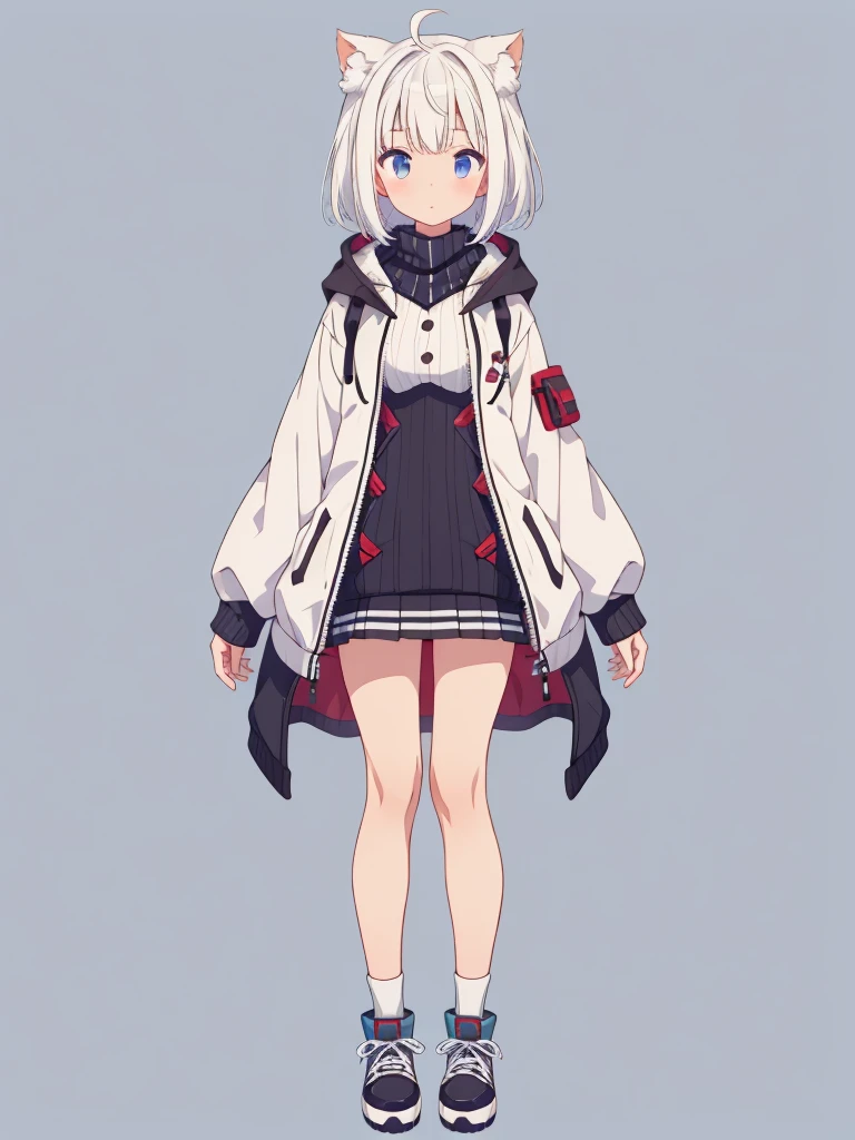 1girl、Jersey-style long parka、Rib knit cuffs and hem、vtuber-fullbody、Milky white short hair、