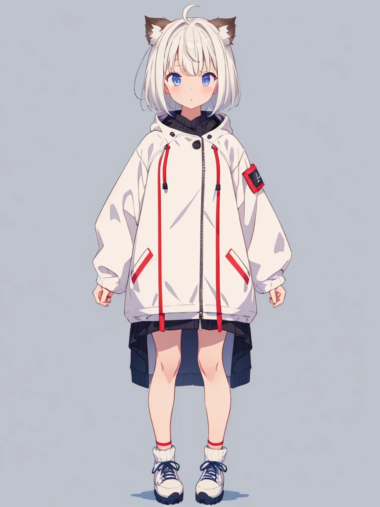 1girl、Jersey-style long parka、Rib knit cuffs and hem、vtuber-fullbody、Milky white short hair、