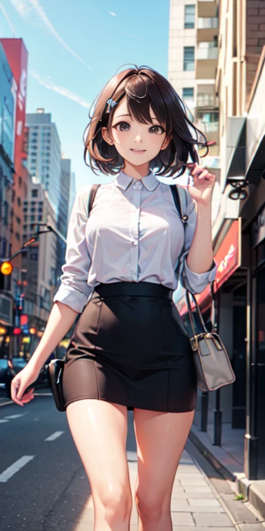 In the beautiful cityscape、Attractive woman standing with a smile。She is surrounded by skyscrapers and busy streets.、You can feel the bustle of the city。her hair blows in the wind、Her eyes are shining。She seems to enjoy the charm of the city.、Confident。