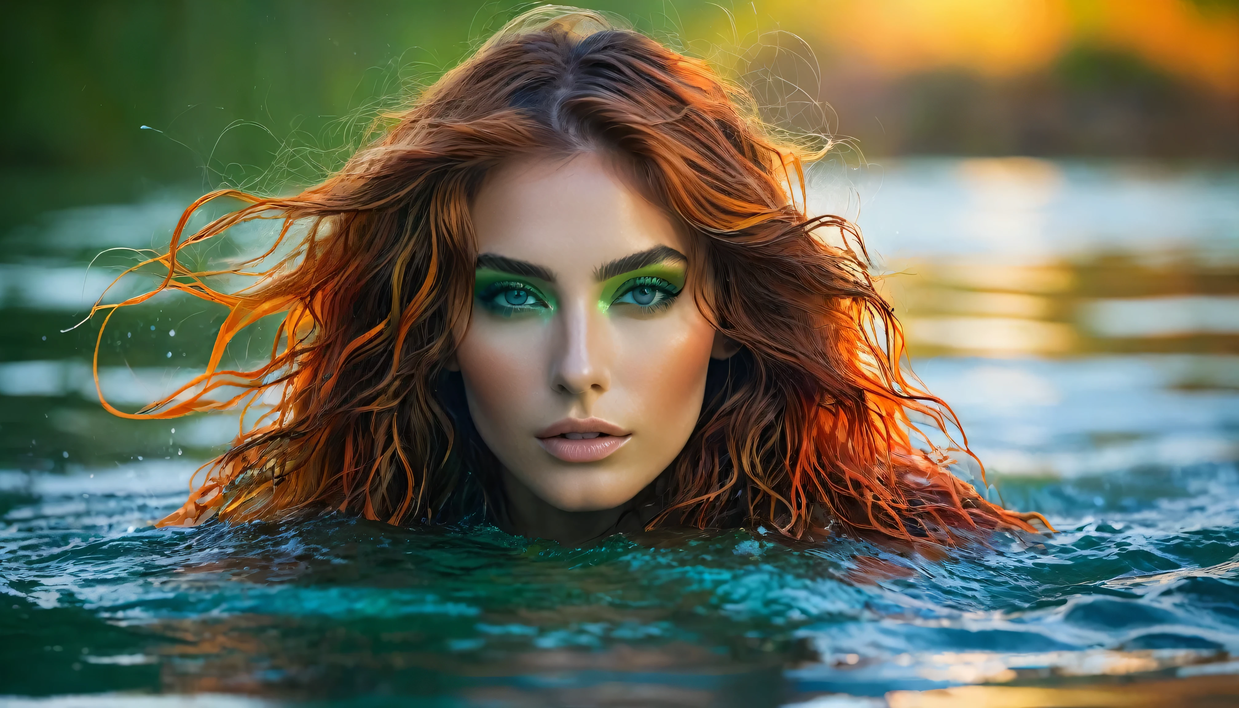 (blue,green,orange), portraits, emerging from the water, photorealistic, soft lighting, beautiful perfect face, direct gaze, vibrant colors, stylish makeup, flowing hair, naturalistic background
