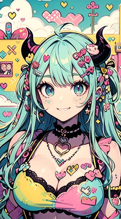 "kawaii, cute, adorable woman with pink, yellow, and baby blue color scheme. She is dressed in sky-themed clothes made out of clouds and sky motifs. Her outfit is fluffy and soft, with decora accessories like hairclips. She embodies the vibrant and trendy Harajuku fashion style." horns, demon wings, big ,big ass, big lips, juicy lips, huge hair, smile, mature, adult, masterpiece, highly detailed