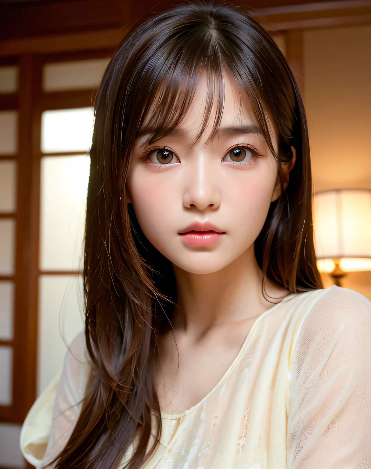 highest quality, face focus, soft light, ultra high resolution, (realistic:1.4), Raw photo,
1 japanese girl, alone, cute, (pupil, light in the eyes),  detailed beautiful face, (High resolution details of human skin texture),
(long hair),
indoor,
damask shirt dress,
(portrait)、Highly detailed eye resolution