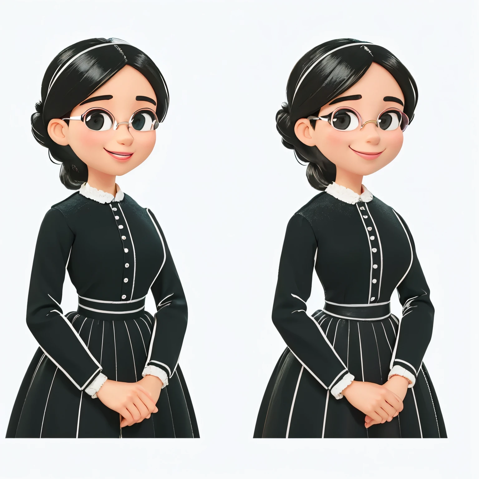 TRANSFORME ESSA IMAGEM PARA O ESTILO CARTOON VETORIAL, COM A MULHER ANIMADA, SORRINDO MOSTRANDO OS DENTES. make clothes in brown color, change some details and put on round prescription glasses with thin frames