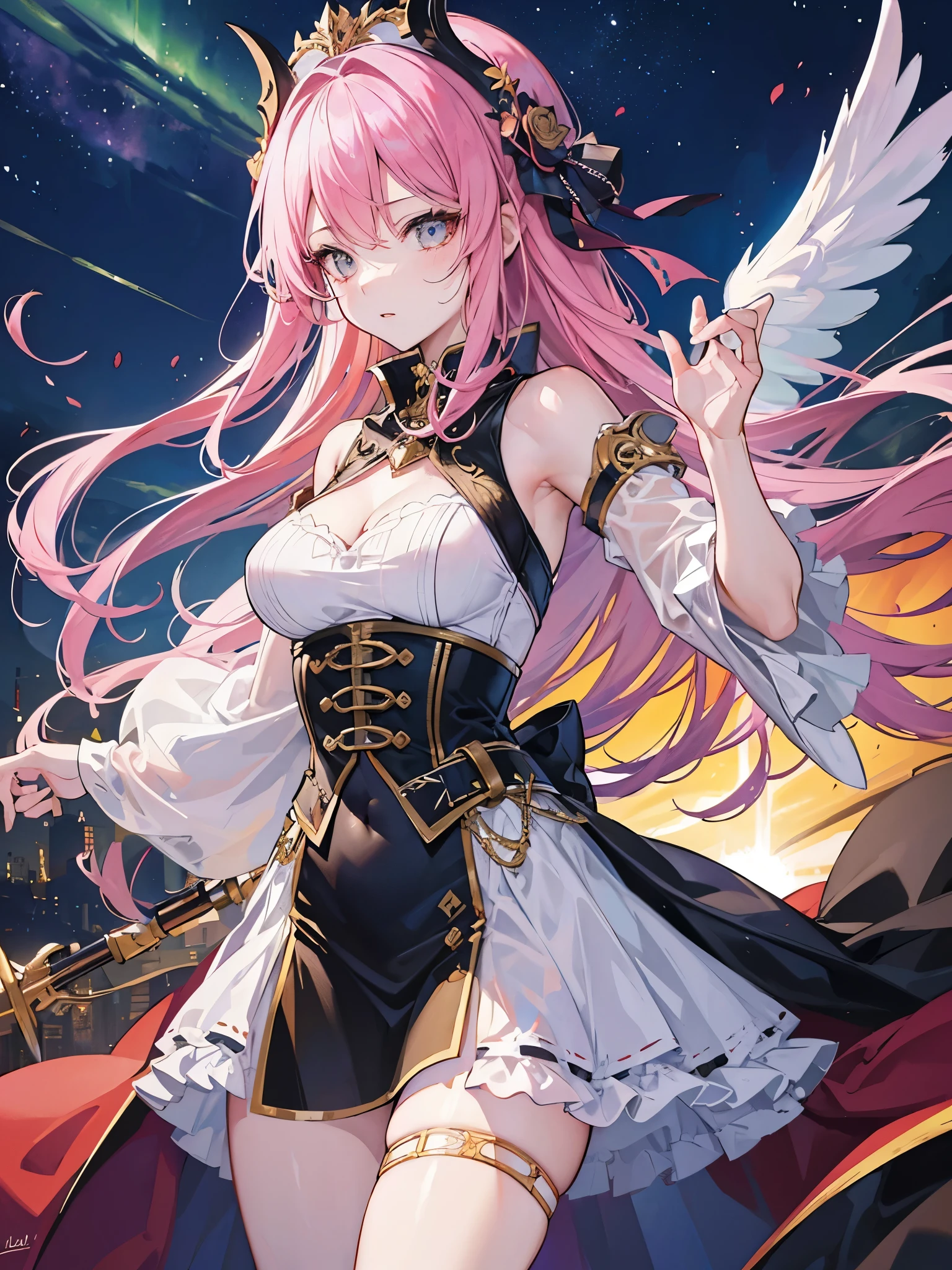 teens girl,Enchanted,Divine happiness,Being in love,(Light Victorian dress),Pink hair,eBlue eyeaximalism,Multiple layers of delicate ruffles,Lots of lace,Light white cloth,Multi-colored cloth delicately embroidered,Delicate pattern,Fabric headdress,exquisite costumes,transparent costume,God Garden,the night,glittery,(Dazzle:1.1),Movie lighting,the night,solo person,Fluttering skirt