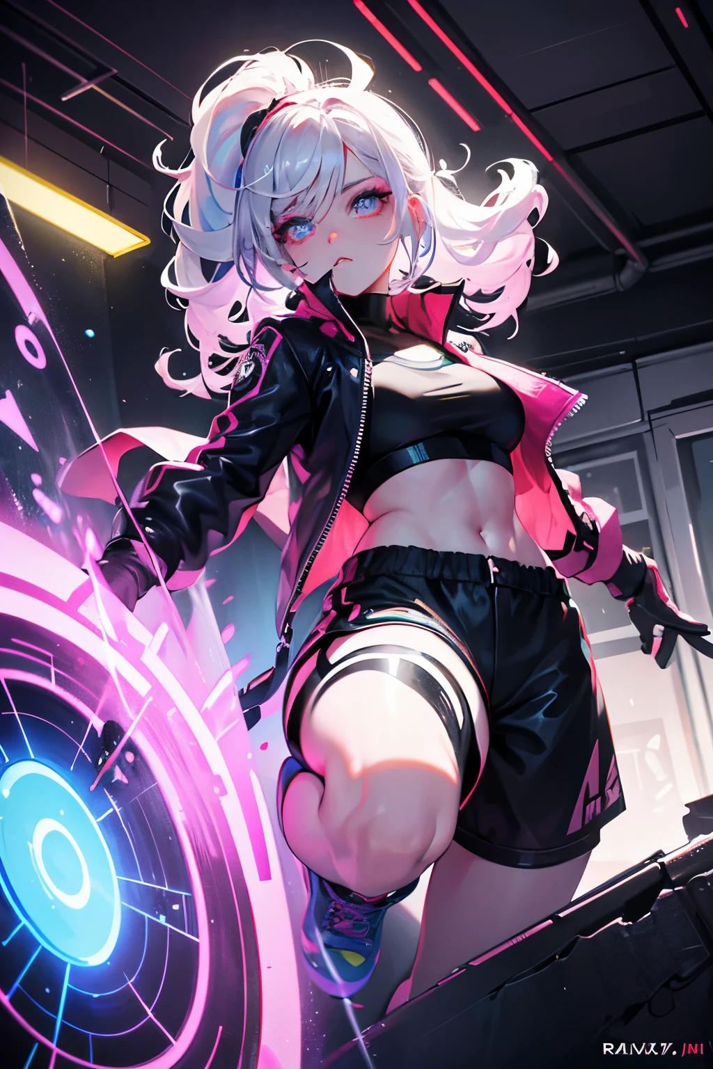 full body, 1girl, , solo, Eye focus,Masterfully crafted Glow, pink lens flare, Cinematic background,colourful, hyper details, hdr, ultra detailed eyes, mature, plump, rainbow painting drops,(supermodel:1.3), made up from paint, entirely paint, splat, splash, indoors, (bioluminescent hair:1.1),(glowing eyes), ((makeup)), fierce, powerful, splashes of colour absolutely eye-catching, dynamic angle, beautiful detailed glow, ambient occlusion, ambient light, raytraced reflections, retro style, living arcade characters, arcade style world, gloves, jacket,weapon, shorts, black gloves, black jacket, gun, drill hair, black shorts, eyewear on head, bubble blowing, chewing gum, (Cute face:1.3) Gray hair, chest and abdomen visible.