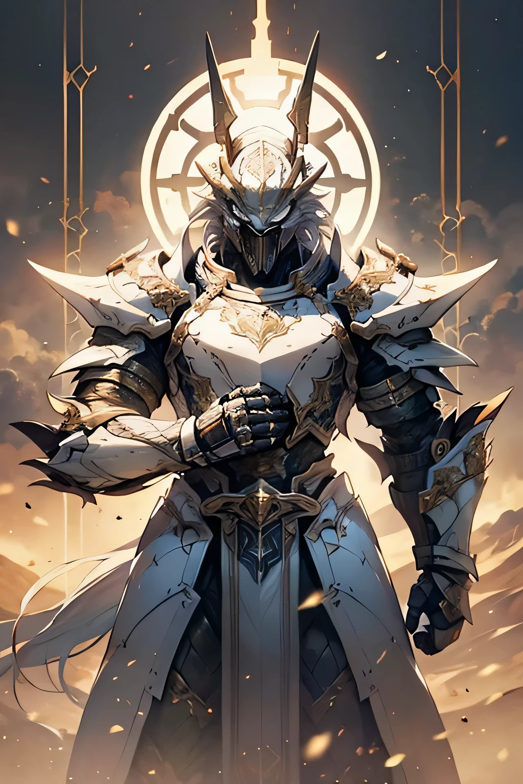 In the realm of high-definition fantasy anime, where imagination and creativity intertwine, the enchanting image of a white wolf warrior unfolds. This noble figure, imbued with an aura of bravery and grace, stands proudly with a large sword in hand. The ornamented weapon, adorned with intricate bright engravings, shines brilliantly against the backdrop of a mystical landscape. The warrior's heavy armor, intricately detailed and embellished with daunting chains, reveals his fierce and resilient spirit. The pose of the wolf warrior exudes confidence and determination, as he prepares to defend the wonders of his fantasy world against the forces of darkness.