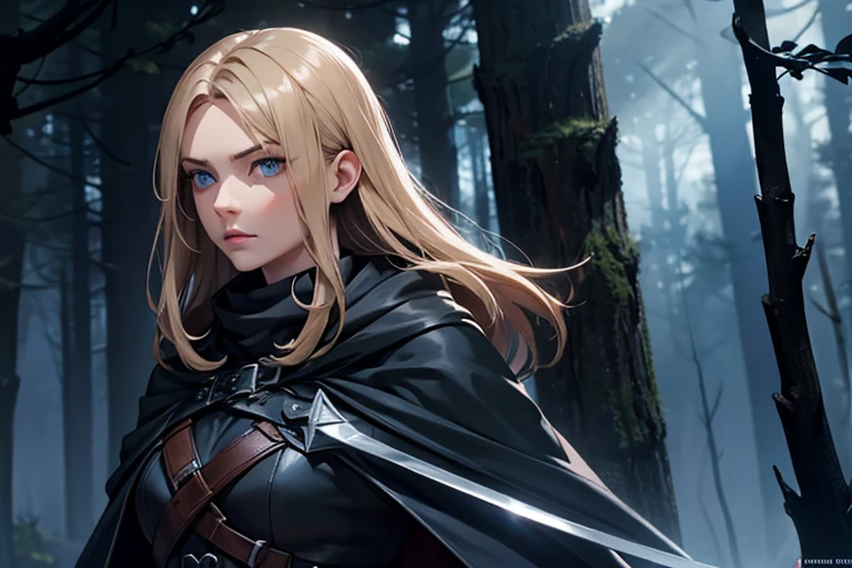 Female, dark blonde hair, blue eyes, black cloak, assassin’s blade, dark forest