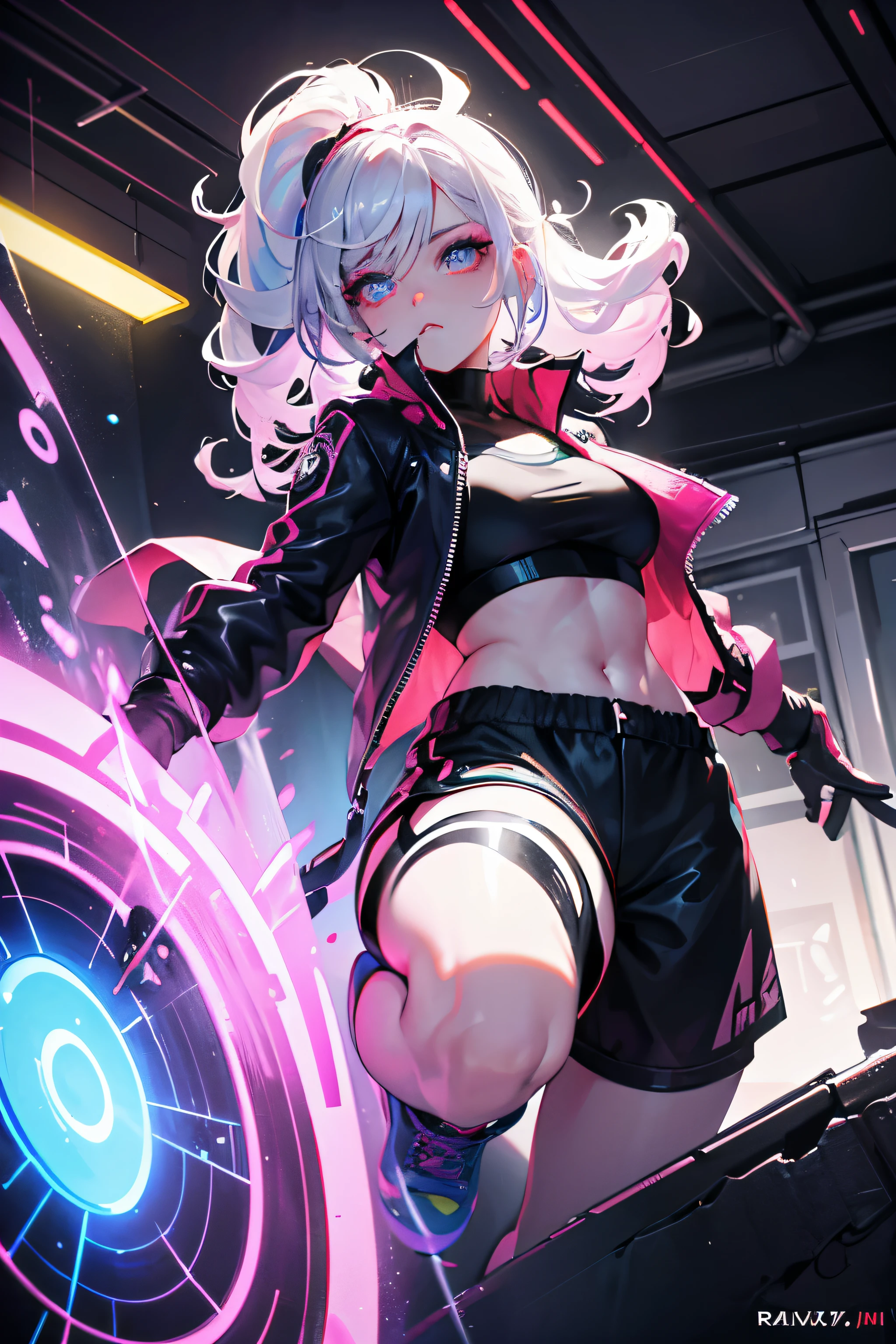 full body, 1girl, , solo, Eye focus,Masterfully crafted Glow, pink lens flare, Cinematic background,colourful, hyper details, hdr, ultra detailed eyes, mature, plump, rainbow painting drops,(supermodel:1.3), made up from paint, entirely paint, splat, splash, indoors, (bioluminescent hair:1.1),(glowing eyes), ((makeup)), fierce, powerful, splashes of colour absolutely eye-catching, dynamic angle, beautiful detailed glow, ambient occlusion, ambient light, raytraced reflections, retro style, living arcade characters, arcade style world, gloves, jacket,weapon, shorts, black gloves, black jacket, gun, drill hair, black shorts, eyewear on head, bubble blowing, chewing gum, (Cute face:1.3) Gray hair, chest and abdomen visible.