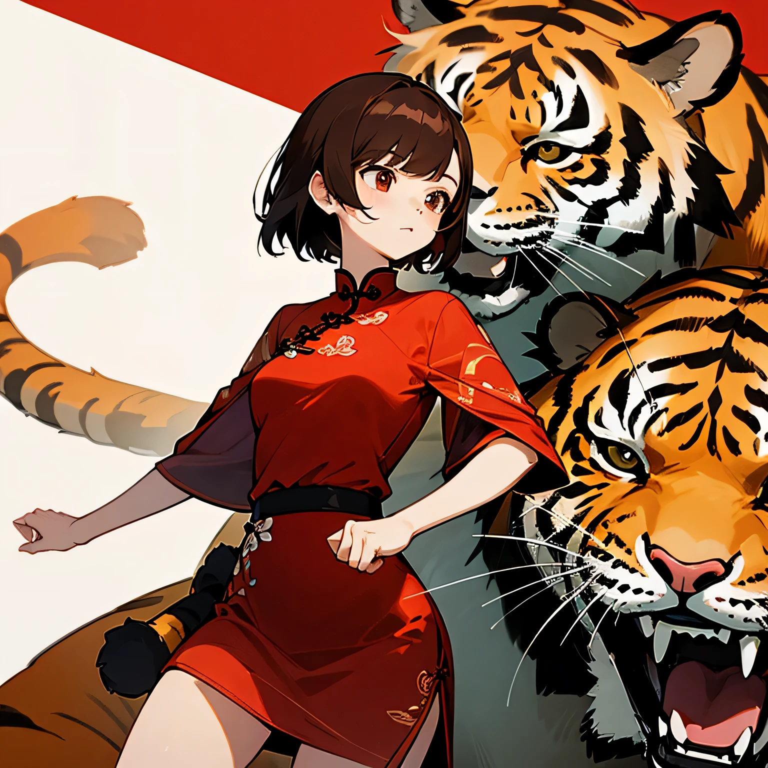 girl、brown hair、short hair、Red Chinese Dress、Tiger