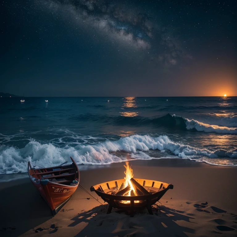 (best quality,8k,highres, masterpiece:1.2), ultra-detailed, HDR, UHD, studio lighting, ultra-fine painting, sharp focus, physically-based rendering, extreme detail description, professional, vivid colors,concept artists, warm color palette, dramatic lighting,japanese Campfires are evenly spaced on the beach, beautiful flames, silence, fantastic flames, the beach at night is covered with silence and darkness, fishing boats floats with lights on the dark night sea,