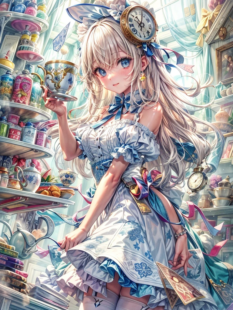 (masuter piece、top-quality、Mystical、Beautifully Aesthetic、Perfect human body balance、offcial art、Impresionismo、von gogh:1.2)、(1 girl in:1.3)、(Fractal Art:1.0)、shinny skin、patterns、(alice in the wonderland:1.2)、(PlayingCards、tea cup、pocket watch:1.3)、(Tie your hair with a ribbon、Blue Dress、a miniskirt、beauty legs、White Apron、white sock、platinum-blonde、Blue eyes)、Exotic wallpapers、highly colorful、Abstract background、Fantastical