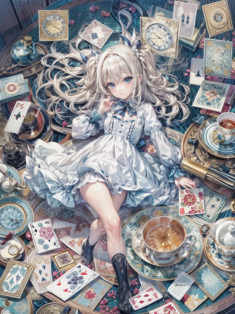 (masuter piece、top-quality、Mystical、Beautifully Aesthetic、Perfect human body balance、offcial art、Impresionismo、von gogh:1.2)、(1 girl in:1.3)、(Fractal Art:1.0)、shinny skin、patterns、(alice in the wonderland:1.2)、(PlayingCards、tea cup、pocket watch:1.3)、(Tie your hair with a ribbon、Blue Dress、a miniskirt、beauty legs、White Apron、white sock、platinum-blonde、Blue eyes)、Exotic wallpapers、highly colorful、Abstract background、Fantastical