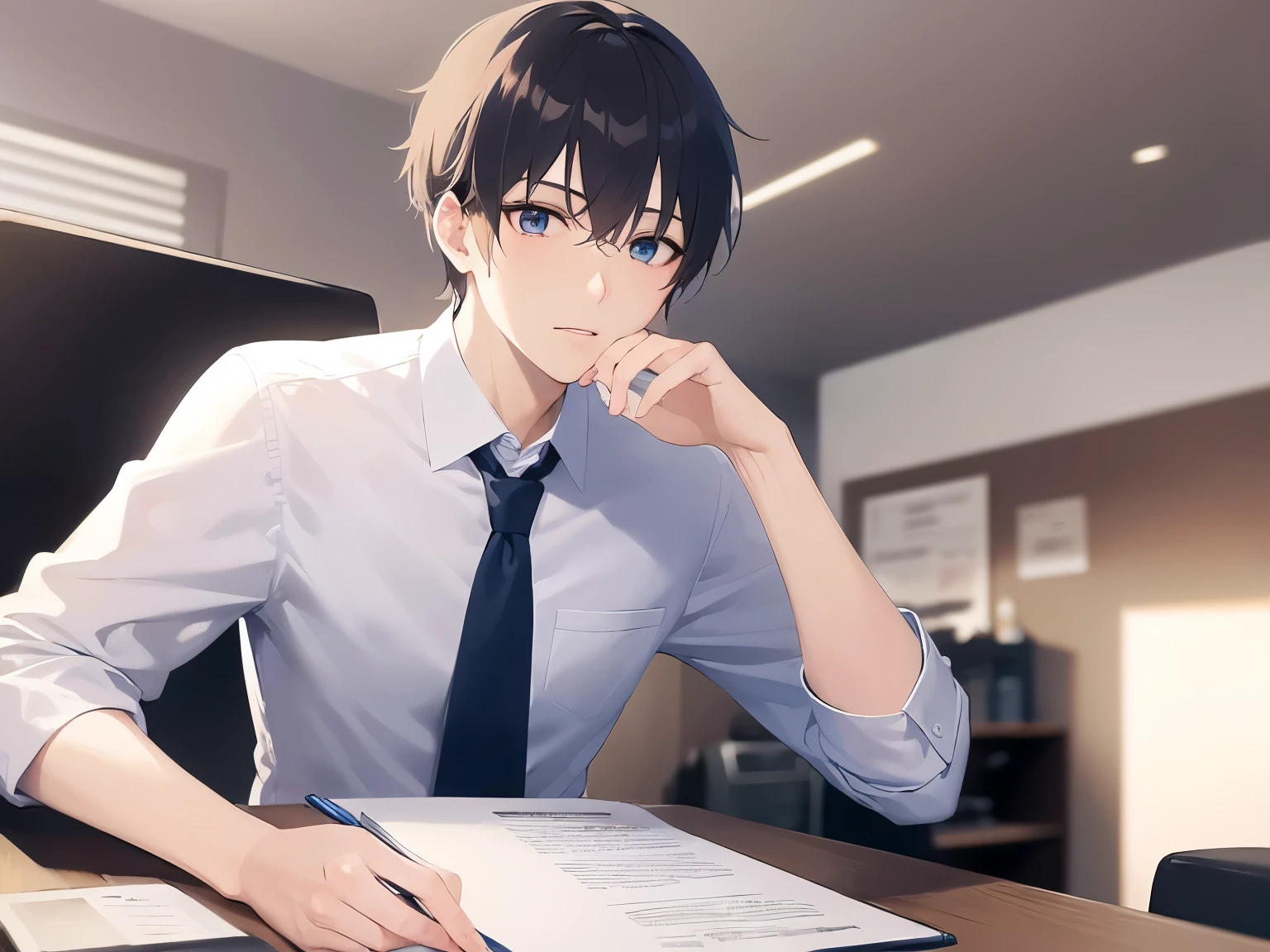 Upper body, masterpiece、highest quality、Alone、(25-year-old male:1.5) and (Black short hair) and (blue eyes), (business suit:1.5) and (Blue tie)、Sitting、Serious expression, The background is the office、document