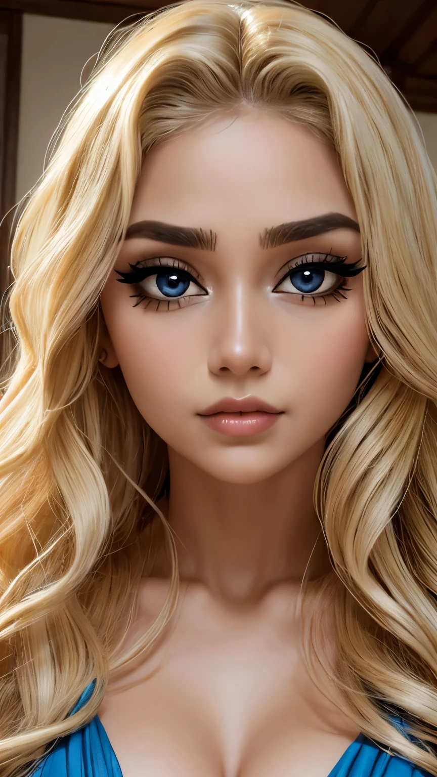 ArAfed Woman, naked , blond long wavy hair, sheer sarong, intricate details, heavy makeup, glamour photo, art image, big eyes