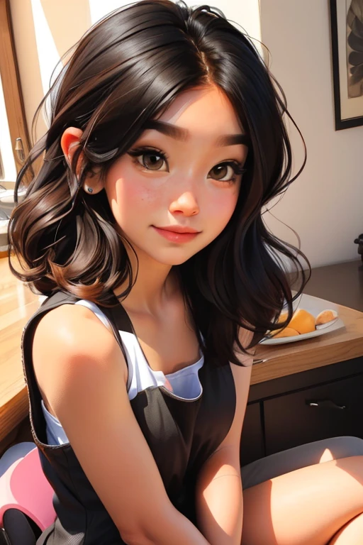 black hair, hair bobbles, wince, longeyelashes, solid circle eyes, fake animal ears, light smile, ear blush, fang, hair bun, hair bun, hair bun, hair bun, Surrealism, drop shadow, anaglyph, stereogram, tachi-e, pov, atmospheric perspective, 8k, super detail, ccurate, best quality
