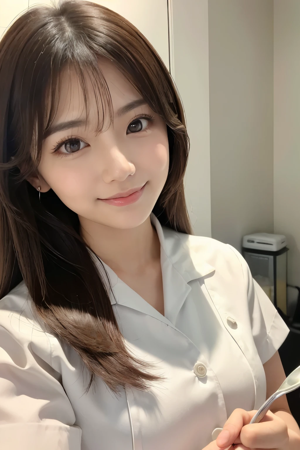 (1girl)、(Japanese、27 years old、Refreshing、clear、seems kind、stylish、(narrow eyes)、Pitiful、cute like an angel、cute、black eyes、Idol,actress,), Good style and slenderness, (Beautiful big breasts:0.7),(soft breasts),(very cute),(brown hair),,(tendrils),(medium long hair),(enchanting eyes),(highlight on eyes:1.2)、(8K、Live shooting、highest quality、masterpiece:1.2、optimal lighting)、((masterpiece)),(Photo taken by a professional photographer),(real、photo real:1.4),break,{ (white nurse costume),(((taraditional nurse uniform))),(white nurse mini skirt),(( pantyhose)),(cleavage:0.7)},(Smile1.0),(cheeks are red:1.2)、break, Hospital room,((Holding a spoon with a little bit of rice on it))、Face close-up:1.3