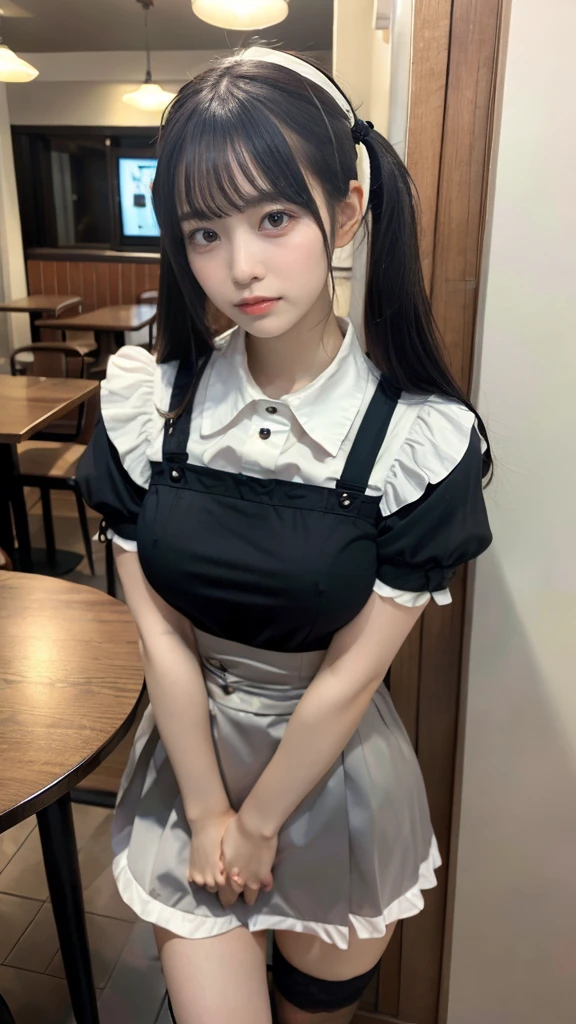 muste piece, best quality, illustration, Super detailed, fine details, High resolution, 8K,wall paper, perfect dynamic composition,(Details High quality, realistic depiction of eyes:1.3), waitress uniform, restaurant, large breasts, twin tail、black hair color, Big Natural Color Lip, bold sexy pose, crying a little、cold gaze, Harajuku style、20 year old girl、cute type、ta、beautiful legs, gravure idol, Voluptuous thighs