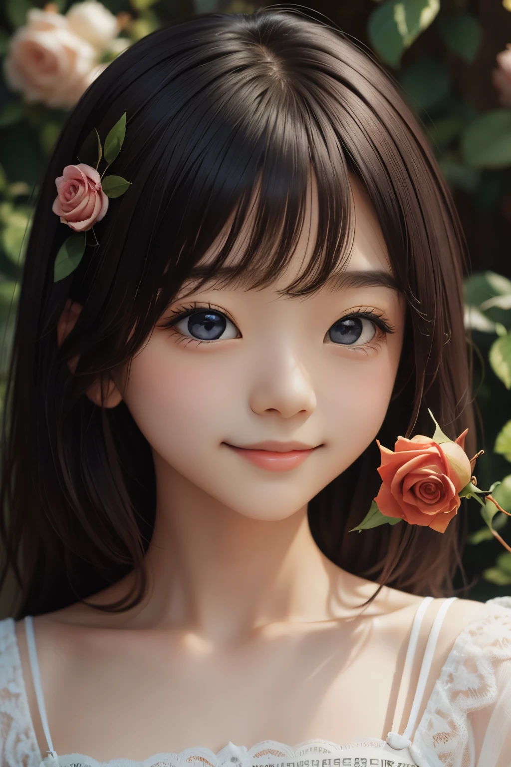 1Chibi girl smelling the scent of a rose flowers 、Jewel-like eyes、Take a super close-up shot of lips、smile