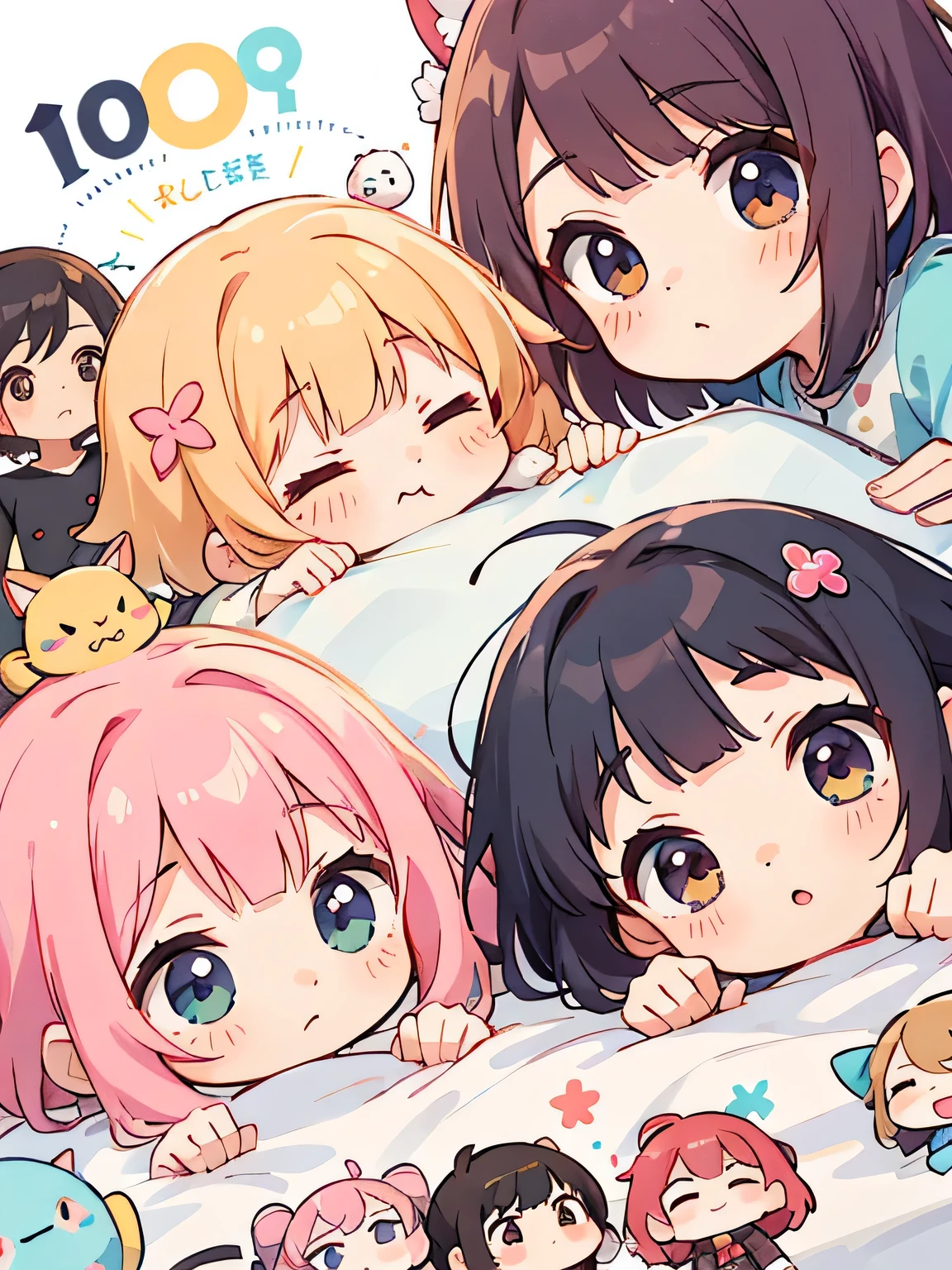Momoko Sakura style, Kawaii Design, (((10 people)))、most beautiful girl ever、Chibi, Colorful bob hair、((Lots of friends))、Family nap、