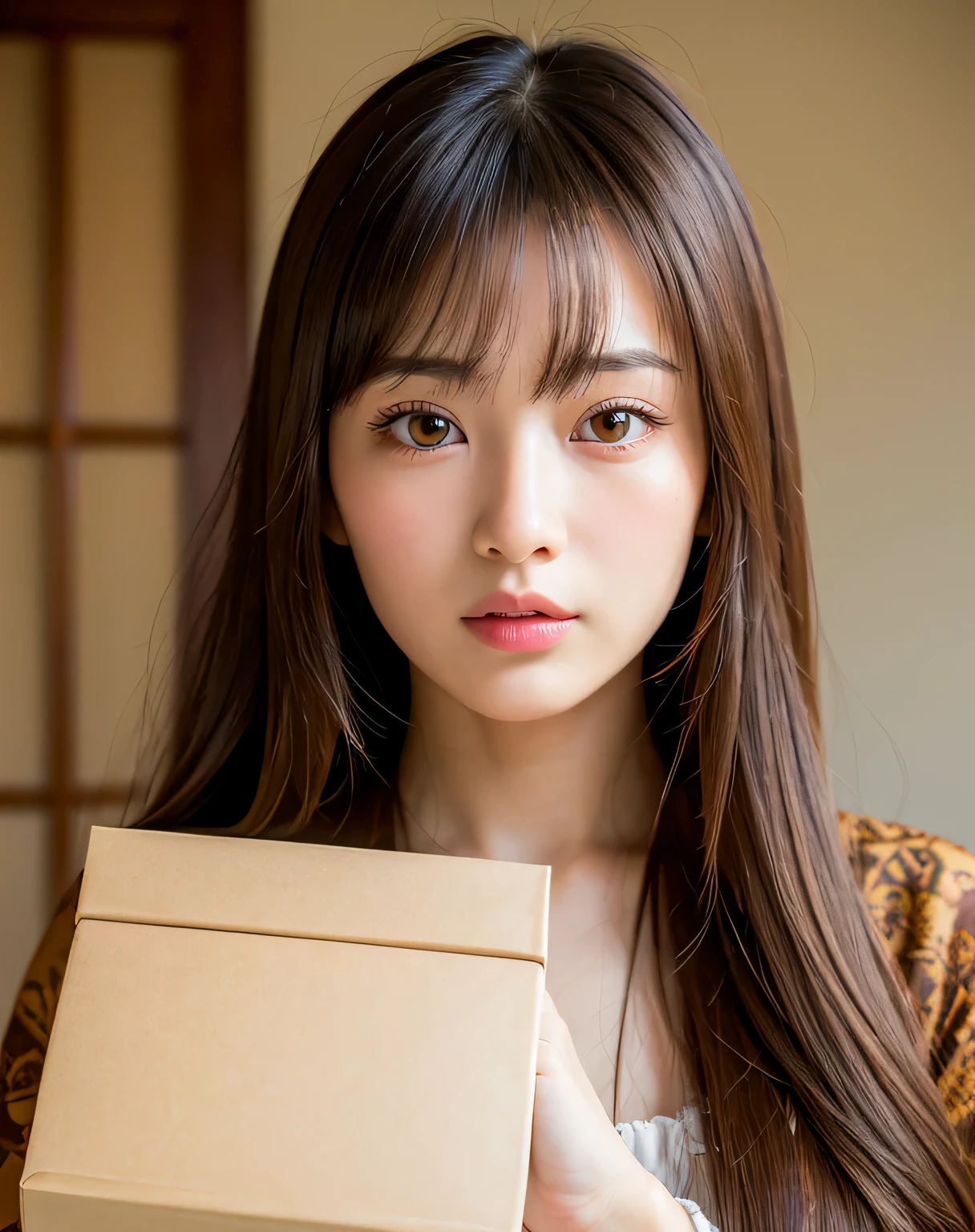 highest quality, face focus, soft light, ultra high resolution, (realistic:1.4), Raw photo,
1 japanese girl, alone, cute, (pupil, light in the eyes), detailed beautiful face, (small box),(High resolution details of human skin texture),
(long hair),
indoor,
damask shirt dress,
(portrait)
