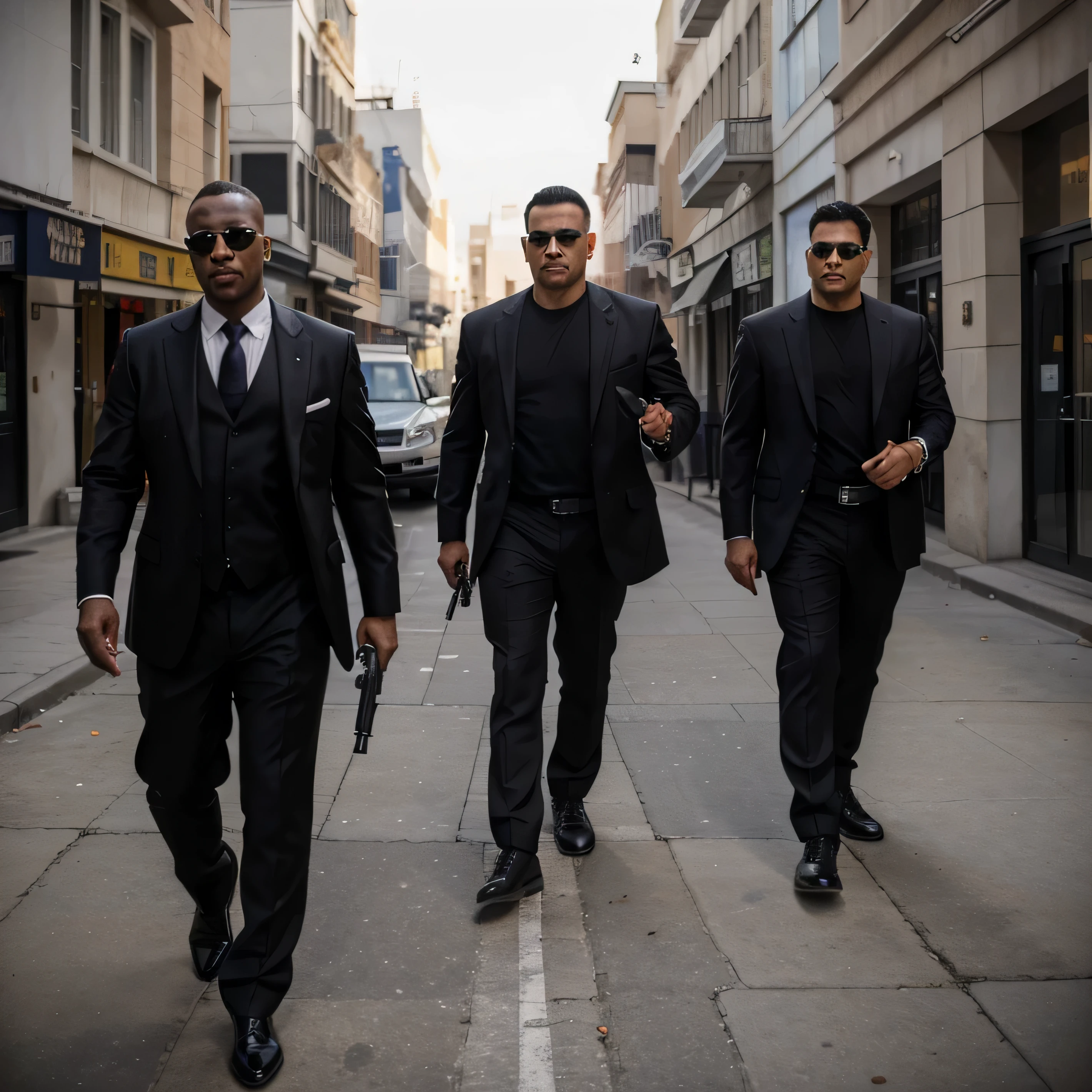 Two gangster friends sign in contract and one of them are smoking bodyguards standing in their background with holding guns