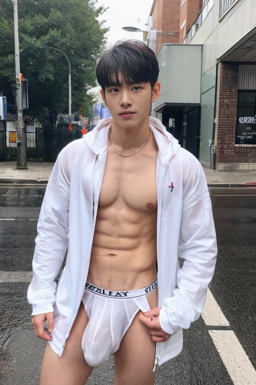 Handsome Asian boy, boy , handsome Korean face, neat muscular, wear only transparent raincoat, big bulge, white mucus dripping from penis, showing abs, rainy day, very wet body, very hairy armpits, Another boy is trying to lick his penis, on the bussy street