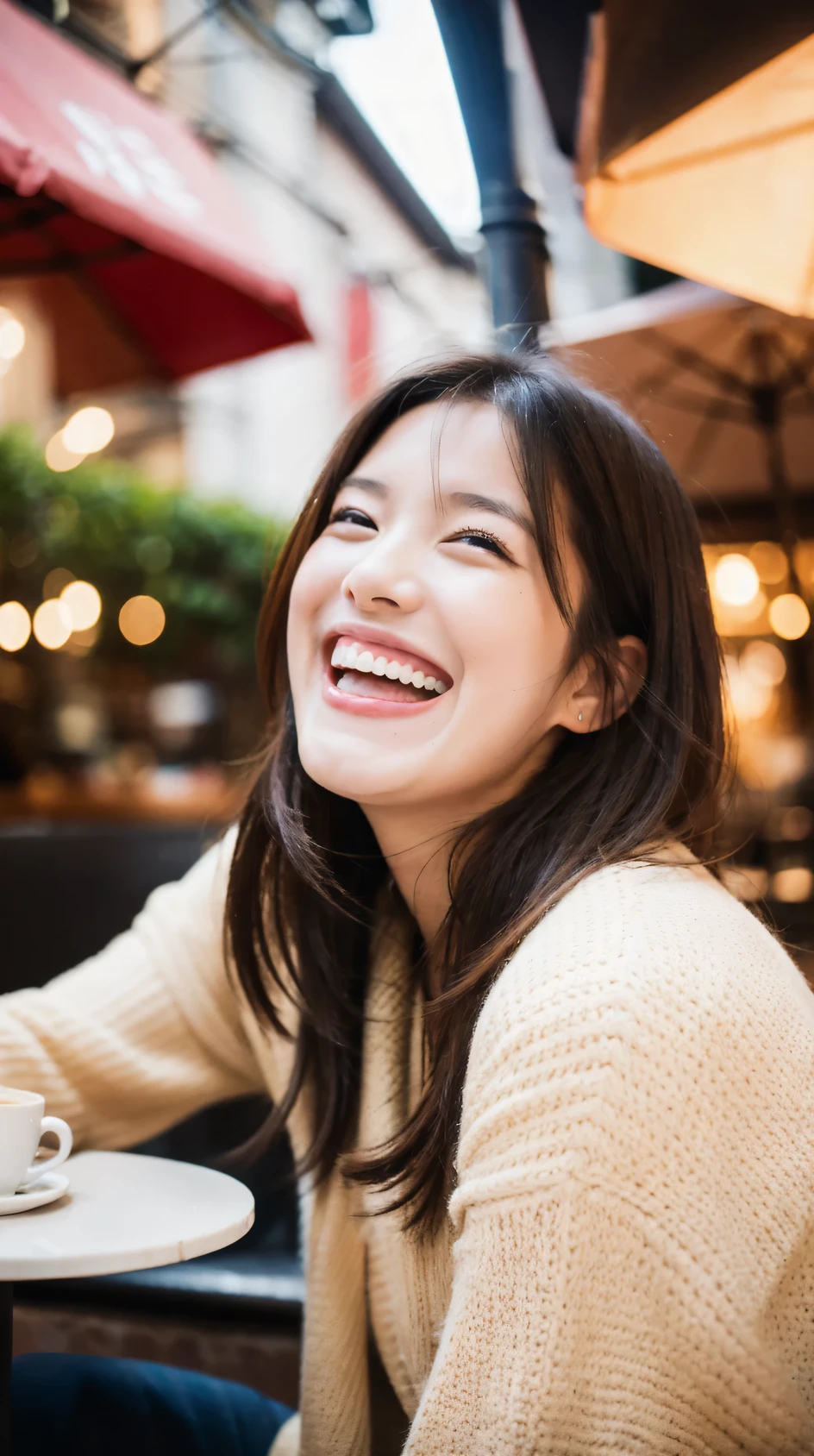 a beautiful girl, at a cafe, (huge Laughing:1.2), (open mouth:1.1), (Raw photo, highest quality), (8K, highest quality, masterpiece: 1.2), Super detailed, super resolution,