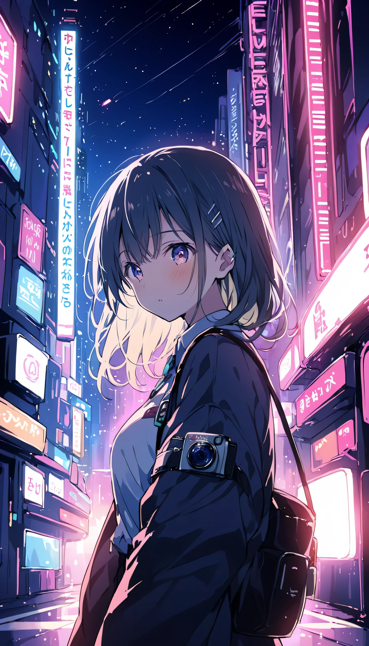 Colorful profile picture of an anime-style female character. anime「My Favorite 」has characteristics that are clearly different from. The setting is a futuristic city lit up by neon lights. The environment is stimulating and adventurous. The camera settings are、A digital camera with a low ISO setting. This lens is a medium aperture zoom lens.. The character designs were inspired by Japanese illustrators and anime fans., Akiko Sterrenberger, Photographed by Makoto Shinkai, Your Name。Director of