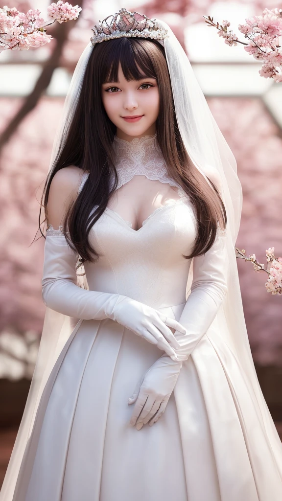 Superb Quality, Masterpiece, High Resolution, 1Girl, Blush, (Seductive Smile: 0.8), Star Pupil, -yeormal , perfect body shape ratio, bare face, body goals girl, ideal girl, perfect girl, she's my girlfriend、full body Esbian、perfect anatomy, detailed anatomy, A dark-haired, cute bangs, long straight dark hair, sweet smile, stunning face, good girl, idol, key of visual, gorgeous face, white veil, perfect veil, white elegant dress, long sleeved white dress, a crown above her head, crown made from sakura ((sakura crown:2,4)), detailed sakura crown, perfect dress, detailed dress, gloves, front view, full body looks, perfect camera, HD quality, high picture quality、inside house environment, 8K UHD, DSLR, Soft Light, High Quality, Volume Lighting, Candid Photo, High Resolution, 4K, 8K, Background Bokeh