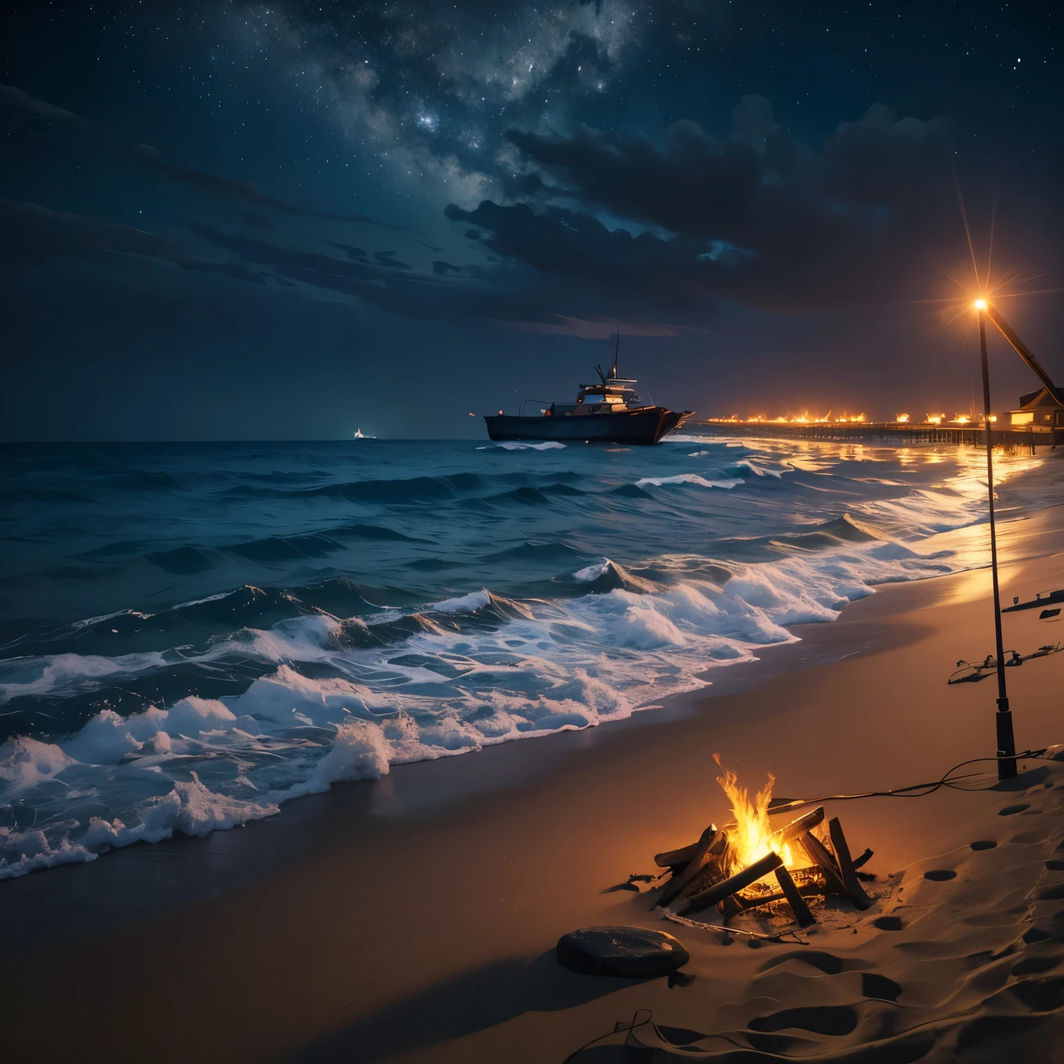 (best quality,8k,highres, masterpiece:1.2), ultra-detailed, HDR, UHD, studio lighting, ultra-fine painting, sharp focus, physically-based rendering, extreme detail description, professional, vivid colors,concept artists, warm color palette, dramatic lighting,japanese Campfires are evenly spaced on the beach, beautiful flames, silence, fantastic flames, the beach at night is covered with silence and darkness, fishing boats floats with lights on the dark night sea,