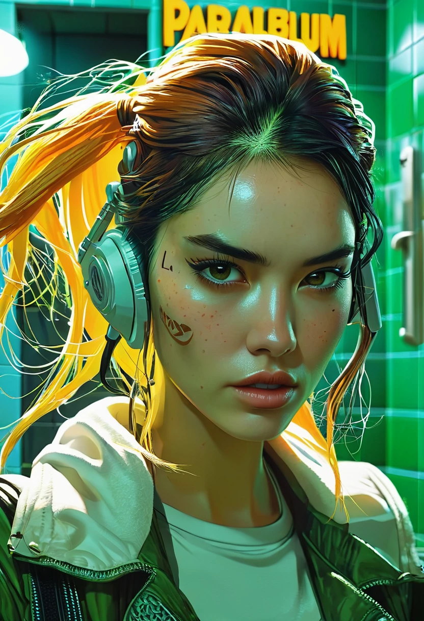 La imagen muestra a una mujer cyberpunk con cabello rubio Lleva una chaqueta naranja y blanca con la palabra "Parabellum" escrita en ella. Tiene un parche en el ojo derecho y una espada en la mano izquierda. In the background there is a bathroom with green tiles. . Hay cuchillos esparcidos a su alrededor y un cabezal de ducha en la esquina superior derecha.,