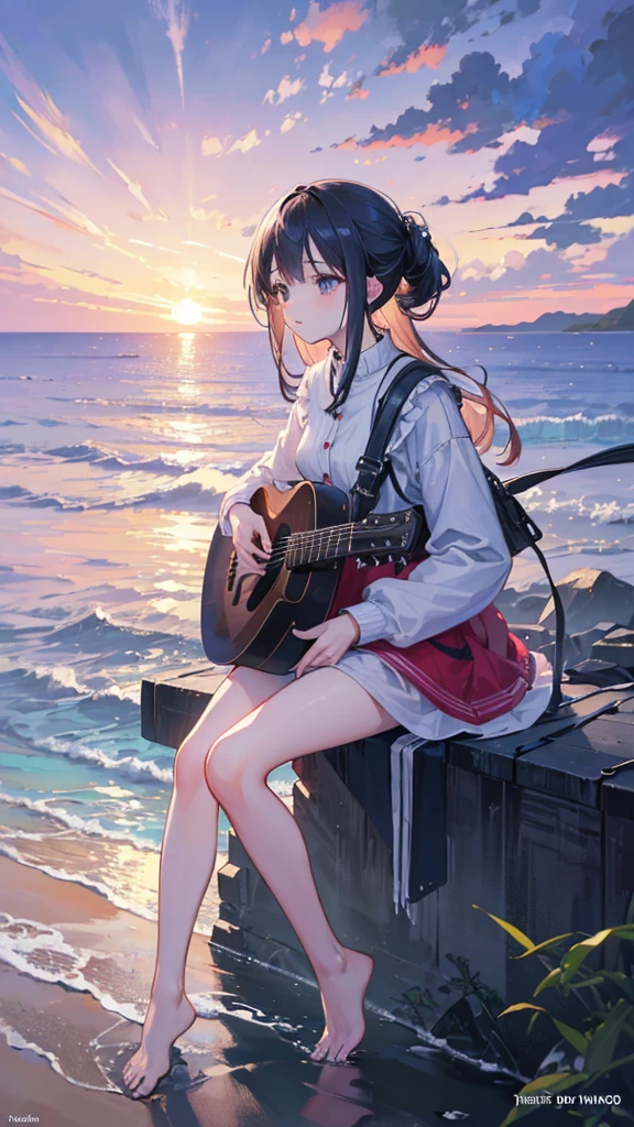 Sunset Serenade by the Sea,focus on landscape,Landscape painting,The girl is playing the guitar while looking up at the sky,Masterpiece of a girl in playing the guitar,bestquality,high resolution,extra limbs,missing limb,extra digit,fewer digit,missing digit,missing fingers,fused fingers,mutated hands and fingers,immersed in a peaceful night scene, 4K high-definition digital art, with ultra-detailed digital paintings, capturing every texture and nuance in 4K, Beautiful art UHD 4K, showcasing great art style and dreamy digital painting, calm night setting, intuitive details, anime art wallpaper enhancing your space, 1 girl, lost in her music, highly detailed digital painting, 4K high-definition, intricately rendered uniform, sitting on the breakwater, watching the tranquil water, great lighting complementing the scene, 4K detailed digital art, highly detailed digital painting, capturing every emotion and