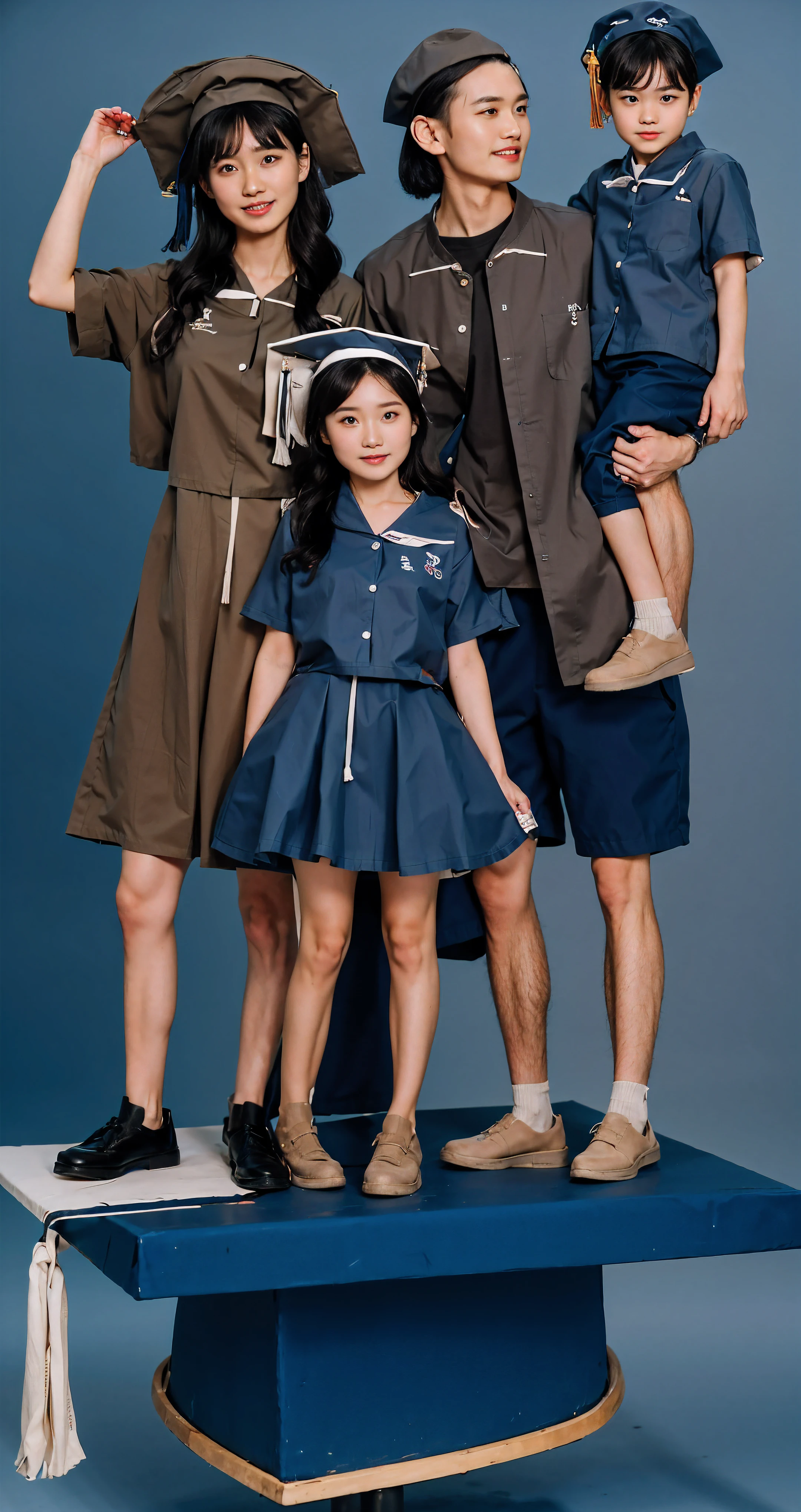 Best quality，highest resolution，The finest details，8K resolution，picture，Real photo，Realistic，A couple standing on top of graduation caps,photo，a man and a woman，Man holding his son，Family of 4，blue clothes, Casual Modern Clothing, Perfect Android Girl, Casual clothing style, happy, modern casual clothing, Wear casual clothing, Realistic Clothing, blue, unified background, uniform plain sky, Fashion Clothing, intertwined full body view, Medium Polyester, blue, picture，Transparent Background，Pure white background