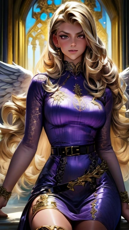Best quality, 8K,glorious angel, female, beautiful and detailed face, blonde curly long hair,big eyelashes,big angel´s wings,LOOKING TO observer,dark purple dress embroided with gold details,bodystocking,armlets,black belt,over the knee boots,iluminate cathedral scenario, DYNAMIC ANGLE