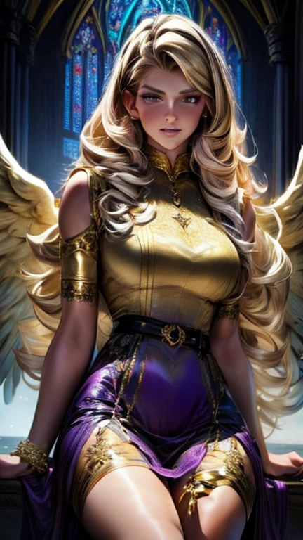 Best quality, 8K,glorious angel, female, beautiful and detailed face, blonde curly long hair,big eyelashes,big angel´s wings,LOOKING TO observer,dark purple dress embroided with gold details,bodystocking,armlets,black belt,over the knee boots,iluminate cathedral scenario, DYNAMIC ANGLE