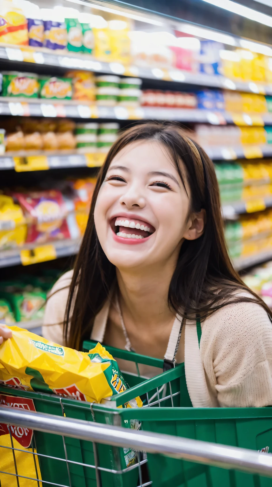 a beautiful girl, (huge Laughing:1.2), (open mouth:1.1), (Raw photo, highest quality), (64K, highest quality, masterpiece: 1.2), Super detailed, super resolution, working at a supermarket,