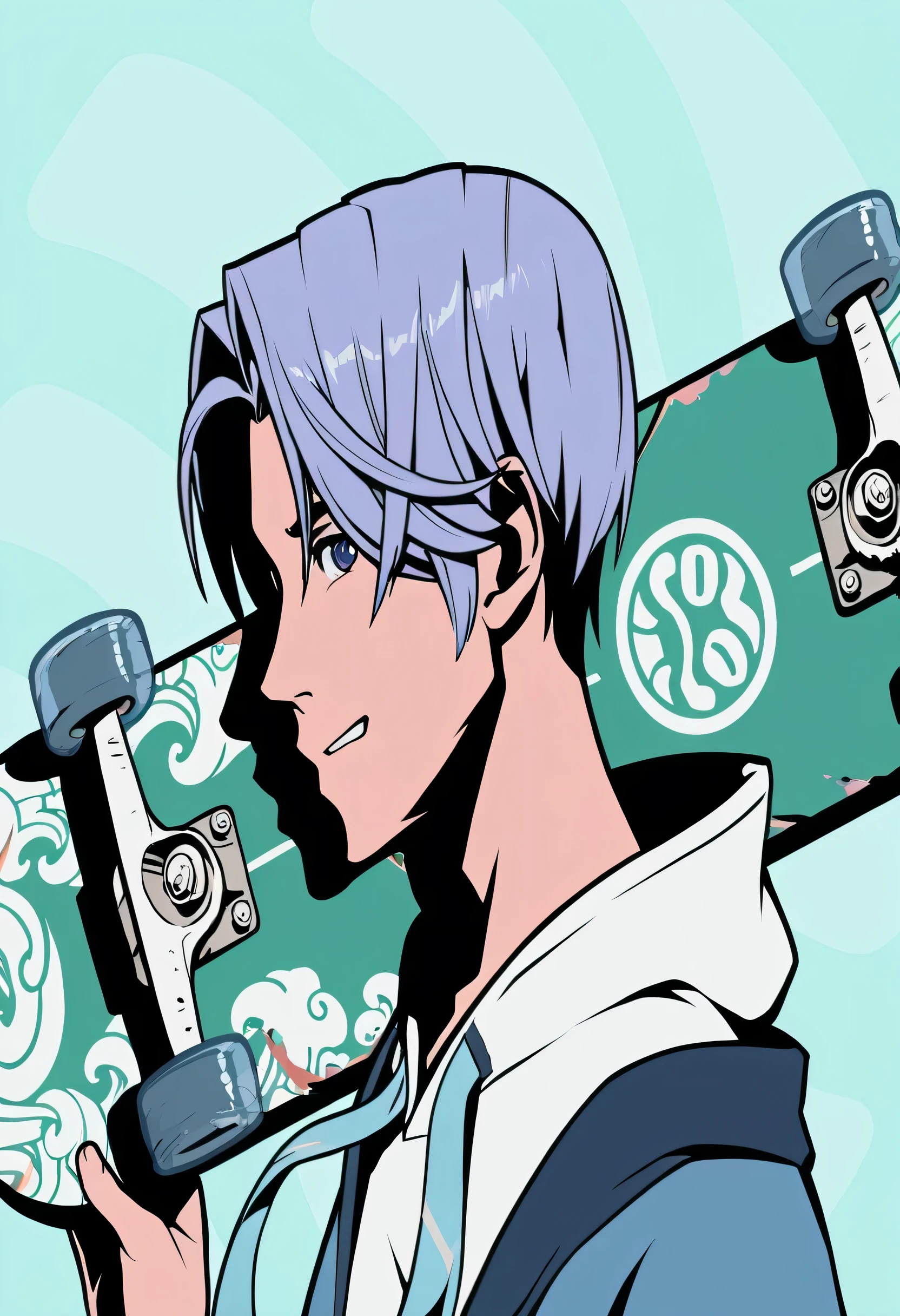 A red-haired anime boy holds a skateboard with Mount Fuji and a torii pattern in his hands., Wear a men's kimono, There are cherry blossom petals falling., Kentaro Miura's manga art style, 2D anime style, official character illustration, Kentaro Miura's art style, Shigenori Zoejima illustration, call anime style, Anime style characters, anime boy, Kentaro Miura's manga style, Kentaro Miura's manga style, Official fan art