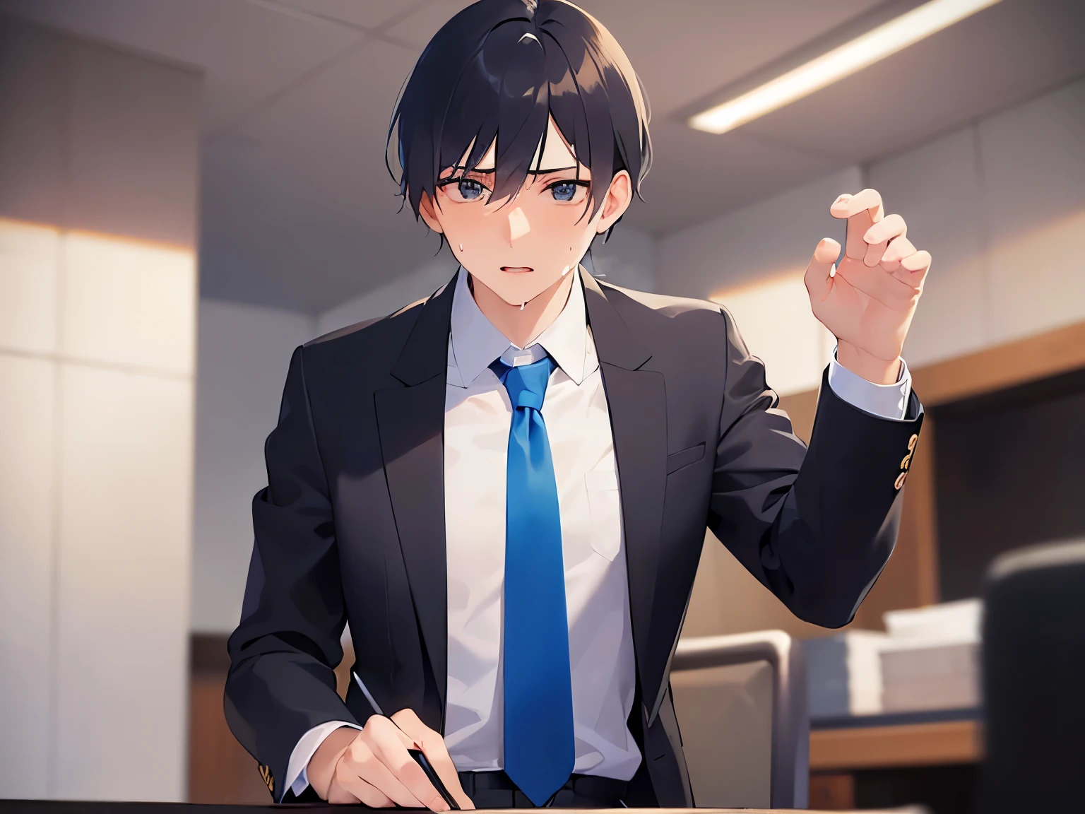 raising hands, Biologically correct five fingers、Upper body, masterpiece、highest quality、Alone、(25-year-old male:1.5) and (Black short hair) and (blue eyes), (business suit:1.5) and (Blue tie)、Sitting、(confused, Sweat:1.5), The background is the office、document、desk