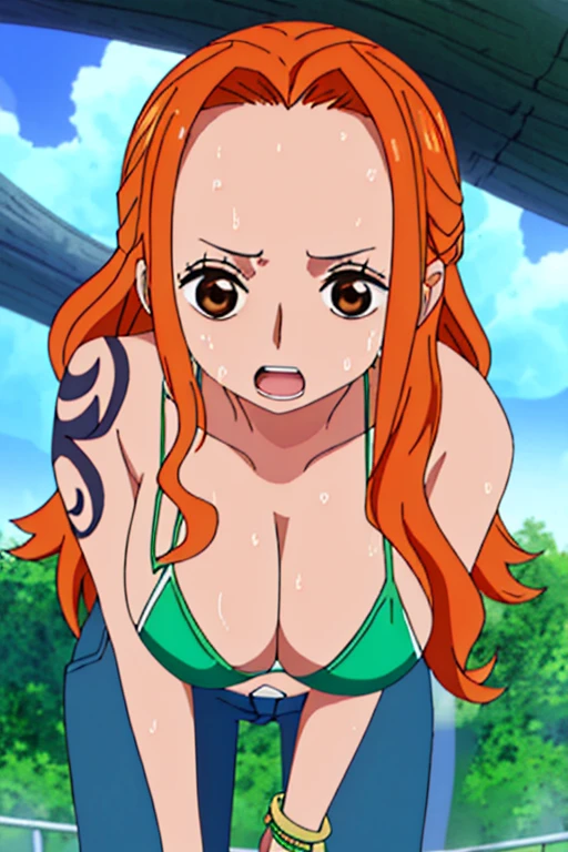 detailed background, masterpiece, 4k, best quality, late youth, adult, wrestler body, 1girl, active, energic, uppercut, (large mouth) , solo, nami \(one piece\), 1girl, bangle, (very wet, drenched in sweat, sweat all over body, very wet hair, tired, taking breath, open mouth, hand on stomach, sweaty face, sweaty body, panting, sweating too much, shiny sweat, sweat stains, leaning forward, tilting, hands on knees), perfect detailed face, bold drawing lines, muscular arms, detailed bold arm lines, flat jaw, adult woman, wavy wide streaked bangs, floating bang streaks, (big cheeks), bare shoulders, off-shoulders, belt, bikini, blue sky, bracelet, big round eyes, plain big brown shiny eyes, bubbles, high eye position, cleavage, cloud, day, denim, earrings, floating hair, shiny hair, green belt, red bikini, bold groin lines, jeans, jewelry, log pose, long hair, tanned skin, looking at viewer, wet hair, orange hair, pants, shoulder tattoo, sidelocks, sky, solo, standing, stomach, swimsuit, tattoo , looking at viewer, open mouth, detailed arms, big forehead, hourglass figure, toned body, wide hair, wind effect, sun effect, under the sun, narrow small ears angle, older