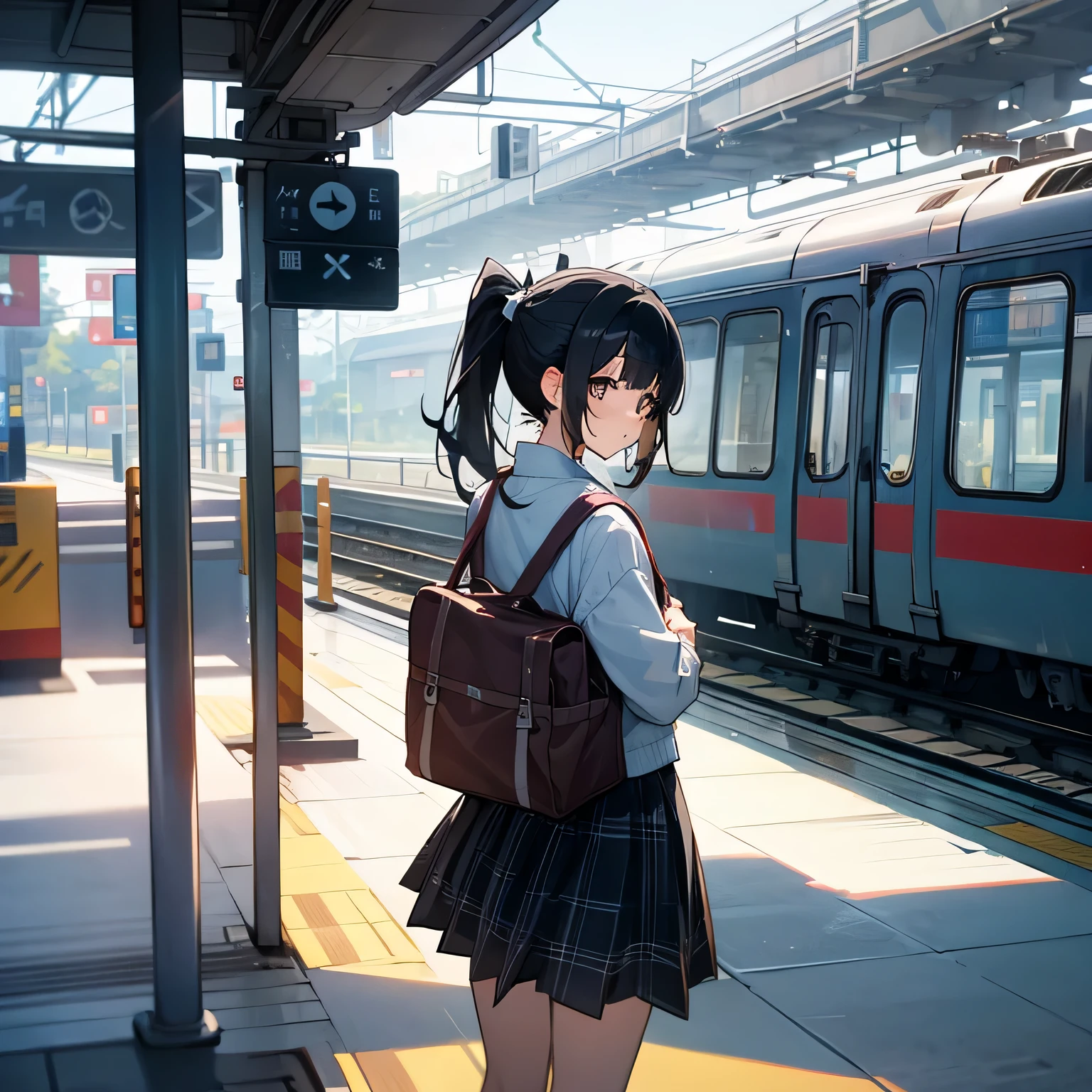 girl、look back、Black Hair、ponytail、Best、Checked Skirt、Urban station platform、The train runs