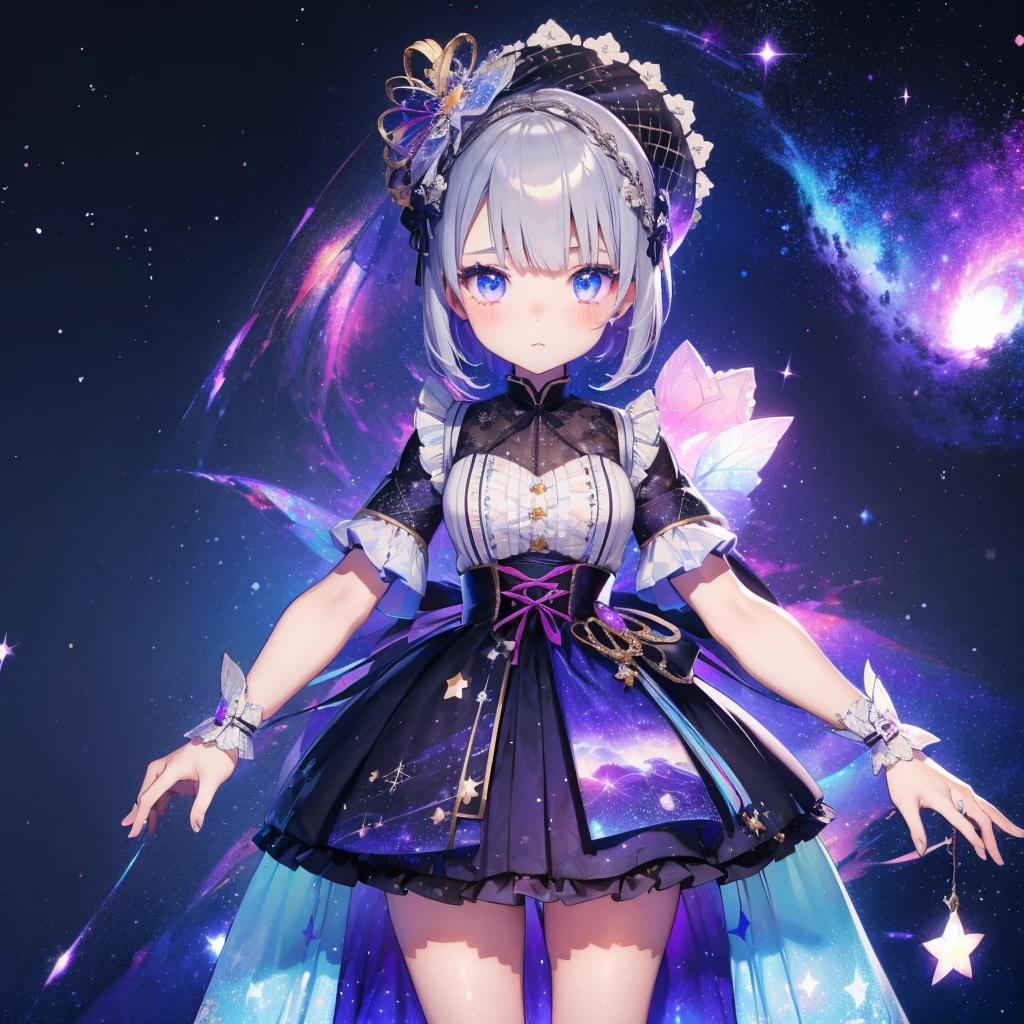 1girl、vtuber-fullbody、Star Fairy、「A beautifully printed galaxy patterned kimono and gothic ****ta outfit.、Space pattern box pleated mini skirt with ruffles、Front full body portrait、Captivating eyes、Perfect and stunning face、Exquisite details、Clear images、highest quality。」short hair、