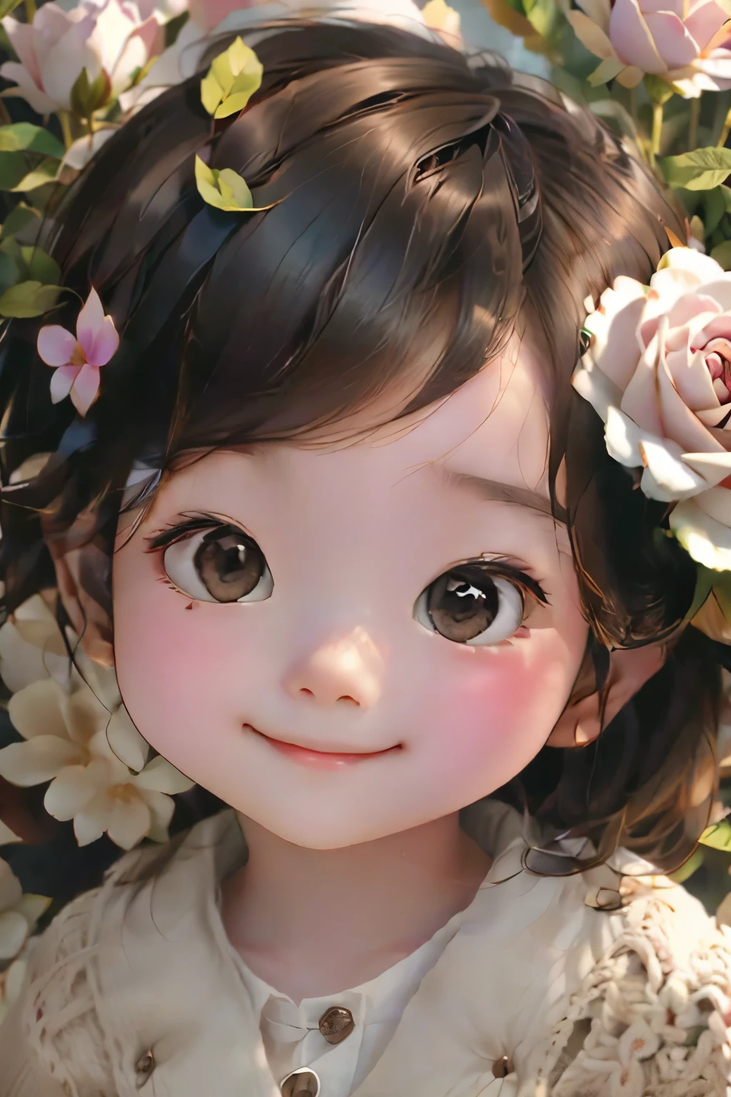 1Chibi girl smelling the scent of a rose flowers 、Jewel-like eyes、Take a super close-up shot of lips、smile