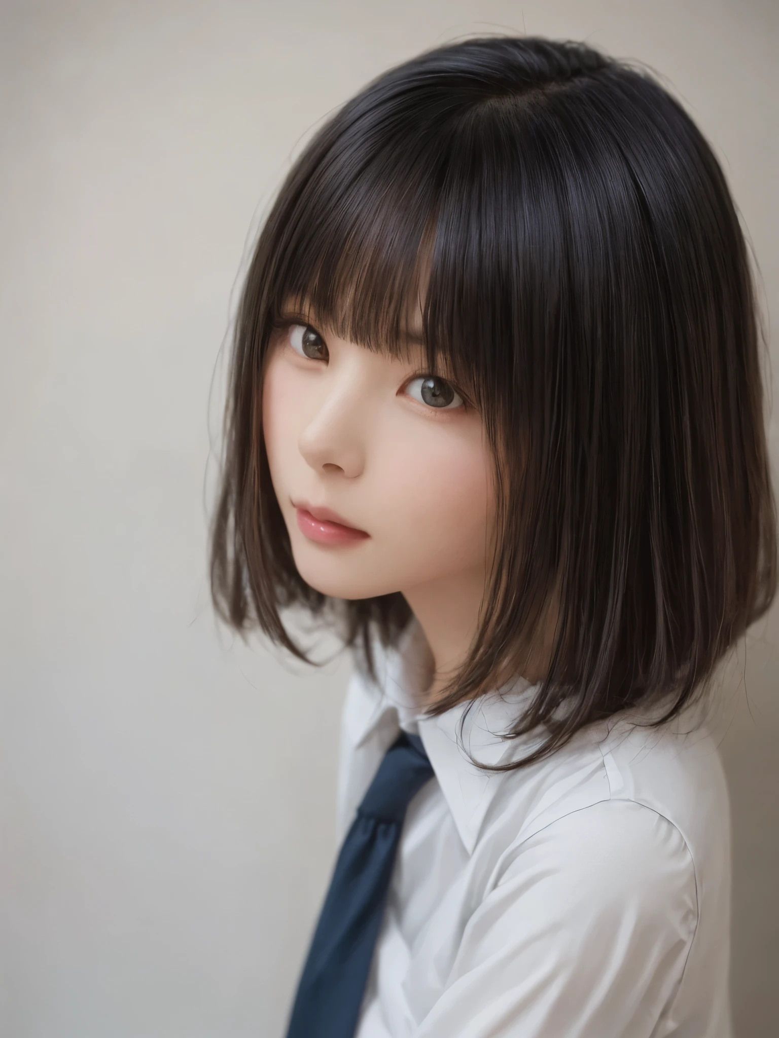 (masterpiece:1.3), (Realistic, RAW Photos, highest quality: 1.4), (One Girl), Beautiful Face, (超Realistic Face、シンメトリーのBeautiful Face), (Black Hair, short hair:1.6、bangs:1.3), Beautiful hairstyle, (Realistic eyes), Beautiful details, Long eyelashes, (Realistic Skin), Beautiful Skin, [Big Breasts:1.3], (Perfect body:1.3), (Detailed body:1.2), (tie), (Collared shirt, Pleated skirt:1.3), Absurd, charm, Ultra-high resolution, Ultra-realistic, Very detailed, Golden Ratio,Very cute beautiful woman、28 years old