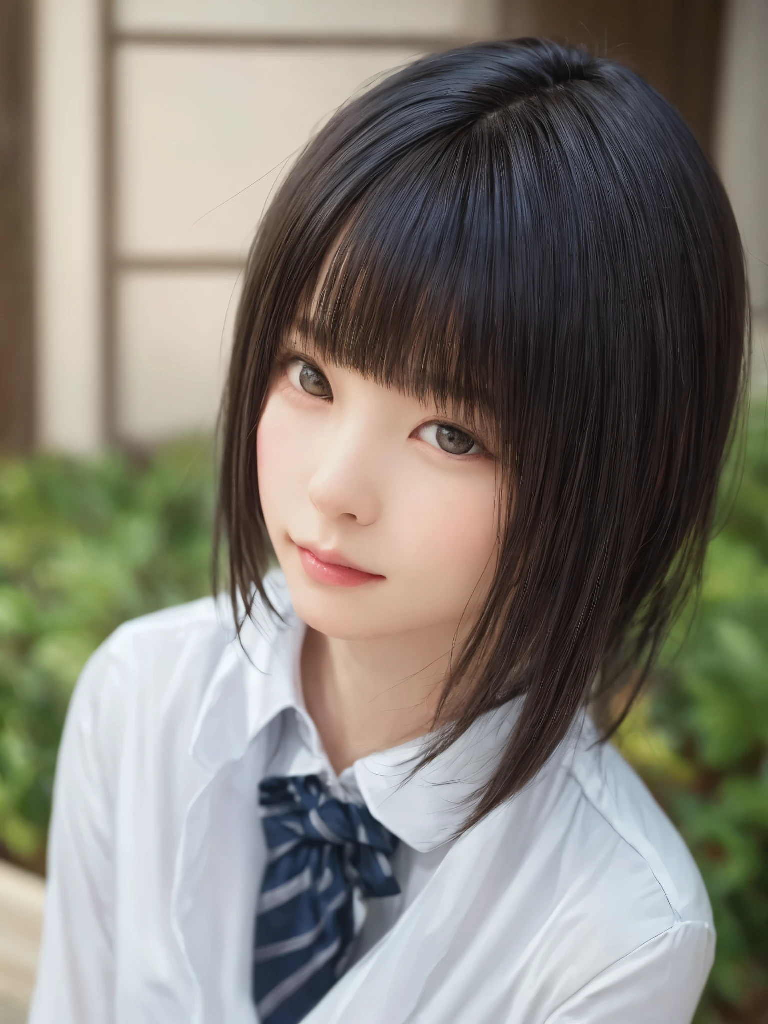 (masterpiece:1.3), (Realistic, RAW Photos, highest quality: 1.4), (One Girl), Beautiful Face, (超Realistic Face、シンメトリーのBeautiful Face), (Black Hair, short hair:1.6、bangs:1.3), Beautiful hairstyle, (Realistic eyes), Beautiful details, Long eyelashes, (Realistic Skin), Beautiful Skin, [Big Breasts:1.3], (Perfect body:1.3), (Detailed body:1.2), (tie), (Collared shirt, Pleated skirt:1.3), Absurd, charm, Ultra-high resolution, Ultra-realistic, Very detailed, Golden Ratio,Very cute beautiful woman、28 years old