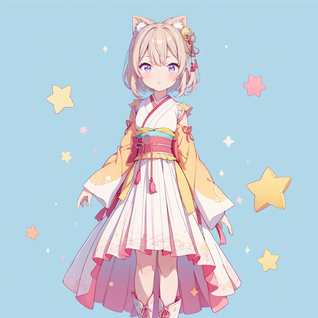 1girl、vtuber-fullbody、Star Fairy、Masterpiece、Official Art、Super detailed、super beautiful、かわいいStar Fairy、white straight short hair、Milky Way、universe、star charm、Star、Baby Face、Knee-high boots、Japanese pattern dress、A beautiful girl wearing black and white clothes that are a remake of a yukata.、universeを思わせるOiranフリルドレス、Oiran